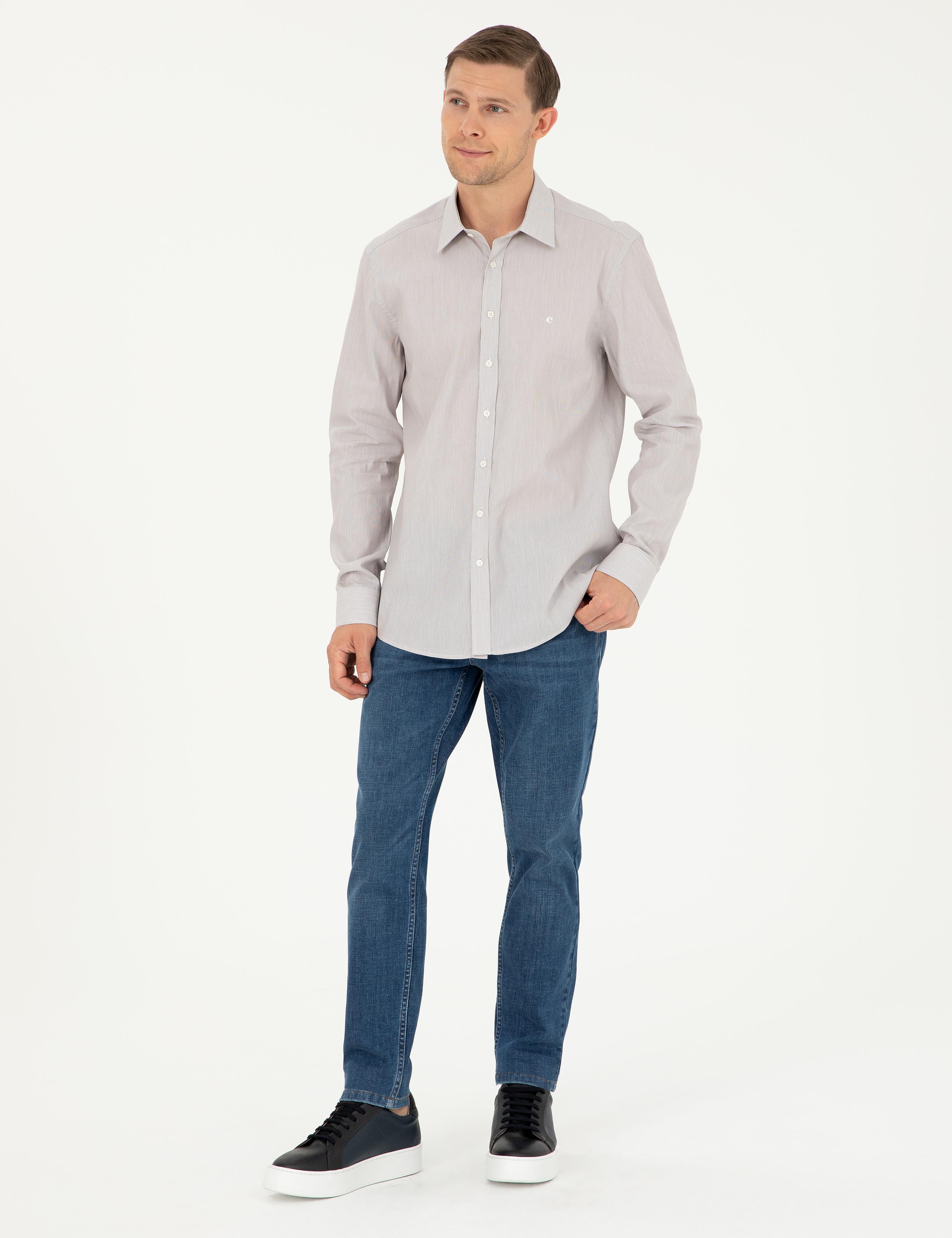 Kahverengi Slim Fit Pamuklu Çizgili Gömlek - 50291352004