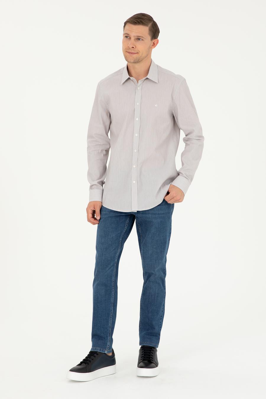 Kahverengi Slim Fit Pamuklu Çizgili Gömlek - 50291352004