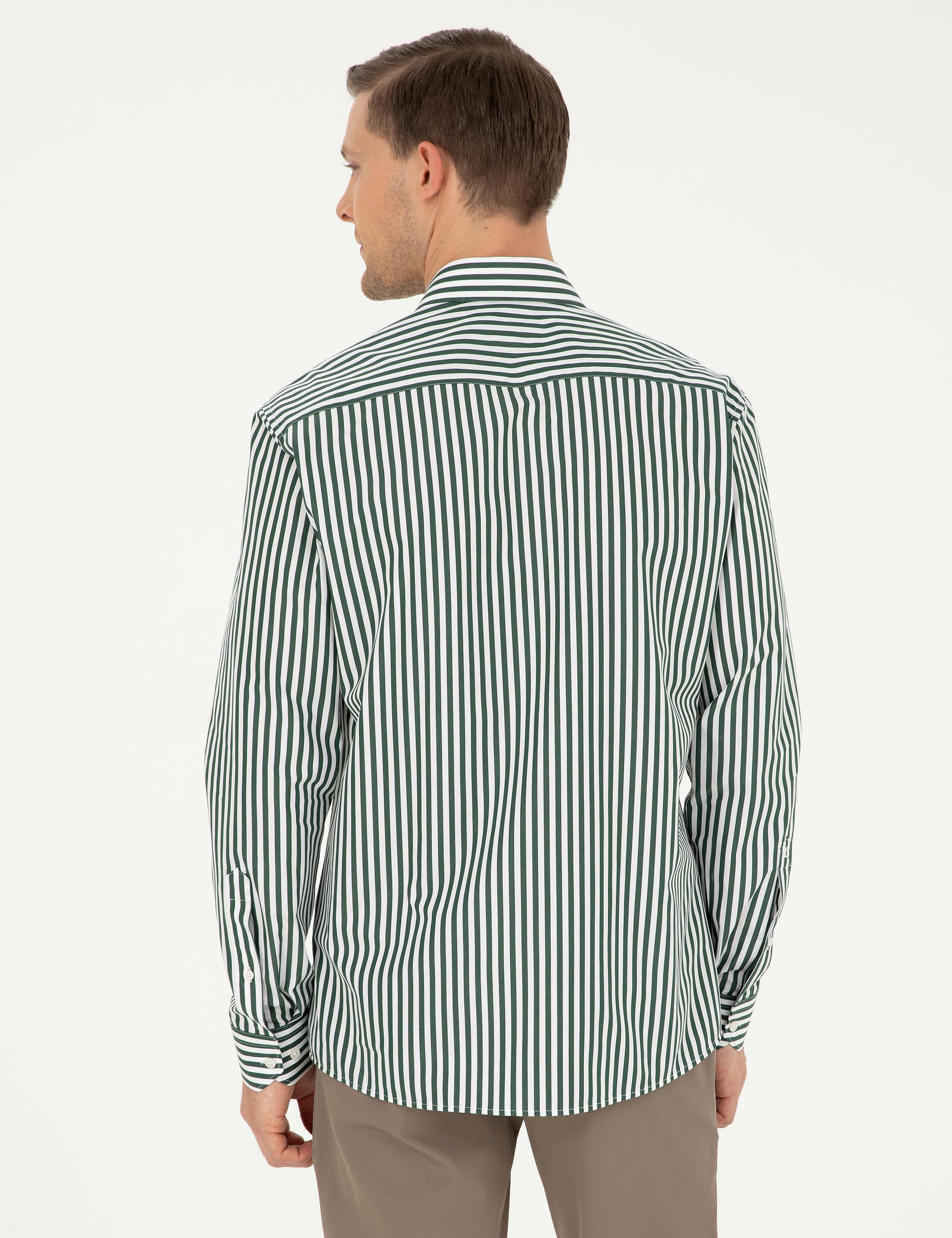 Koyu Yeşil Slim Fit Pamuklu Çizgili Gömlek - 50291360026