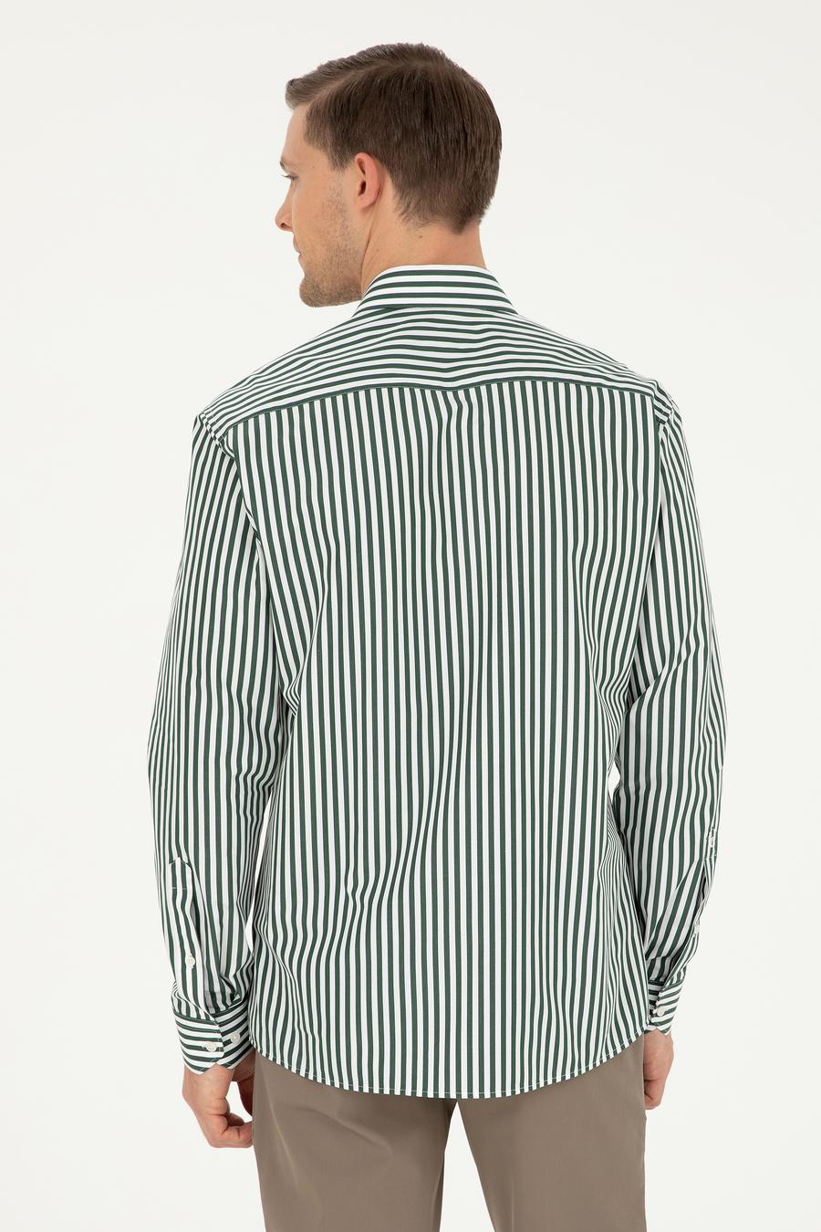 Koyu Yeşil Slim Fit Pamuklu Çizgili Gömlek - 50291360026