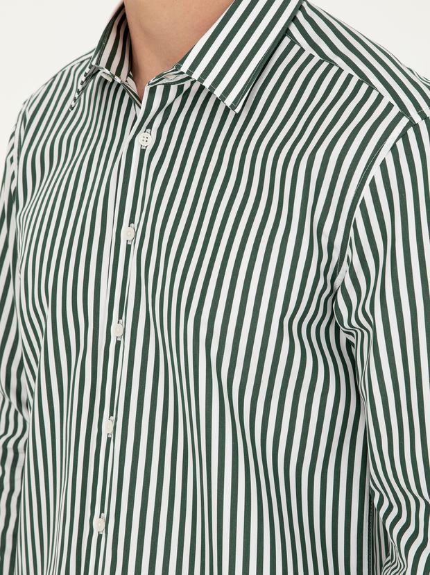 Koyu Yeşil Slim Fit Pamuklu Çizgili Gömlek