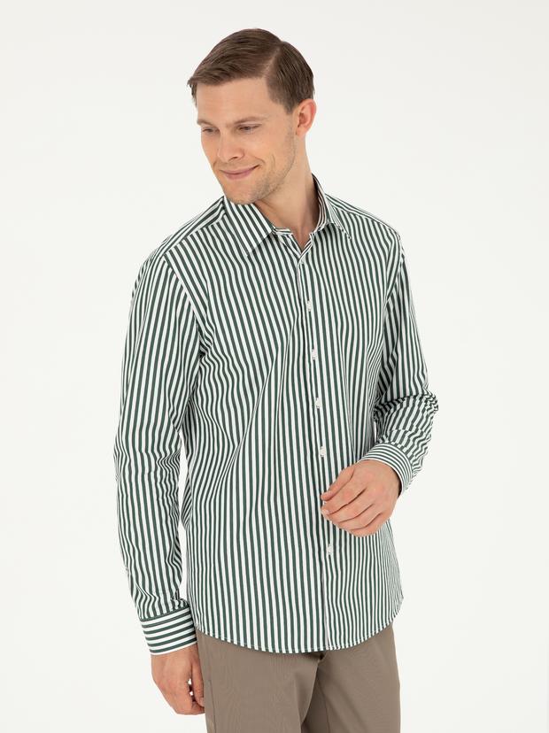 Koyu Yeşil Slim Fit Pamuklu Çizgili Gömlek