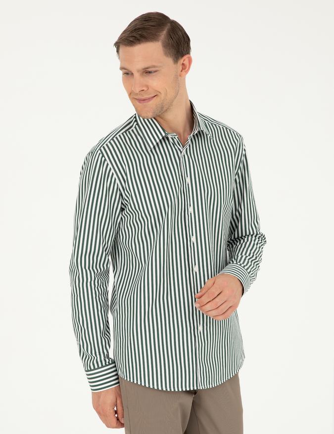 Koyu Yeşil Slim Fit Pamuklu Çizgili Gömlek