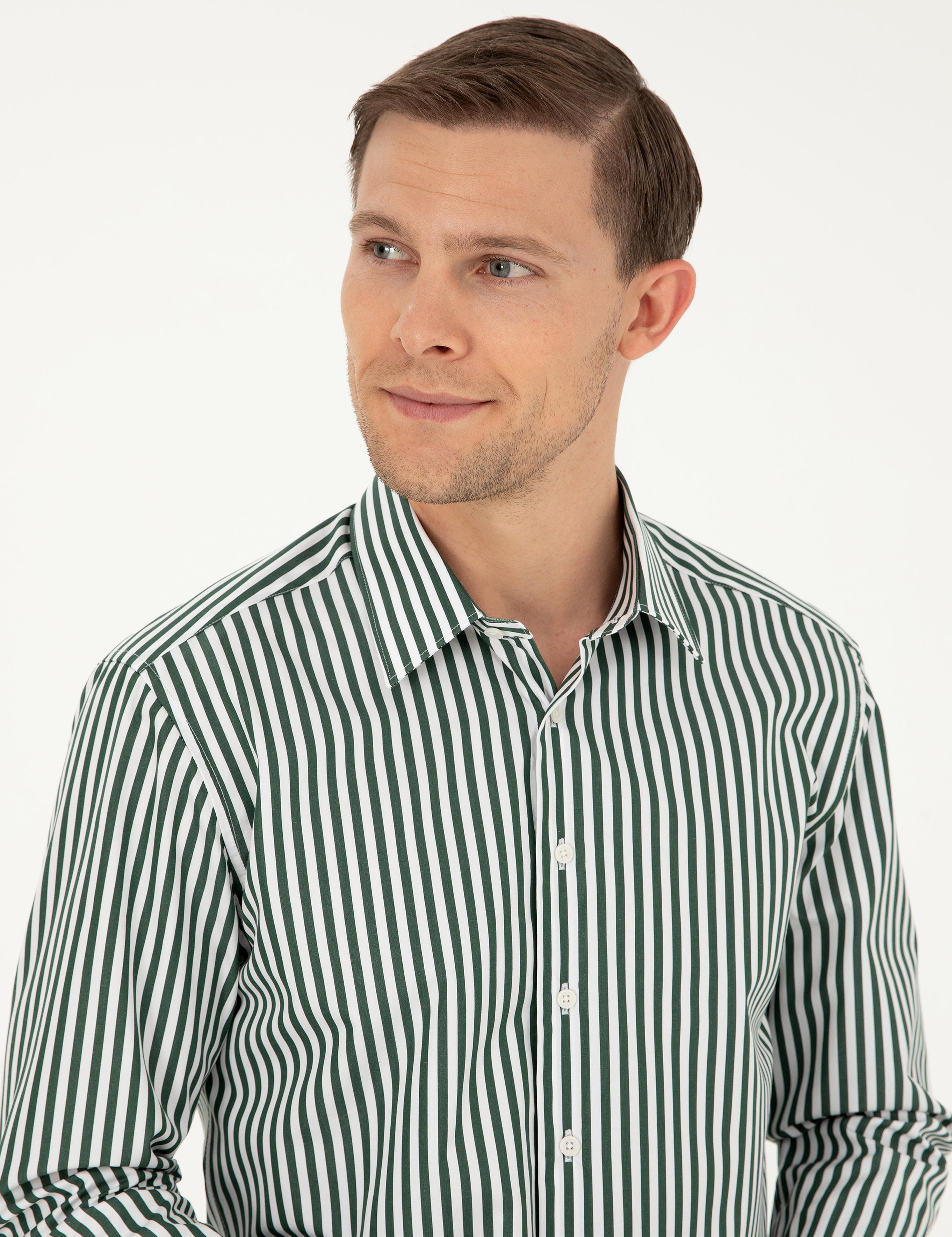 Koyu Yeşil Slim Fit Pamuklu Çizgili Gömlek - 50291360026