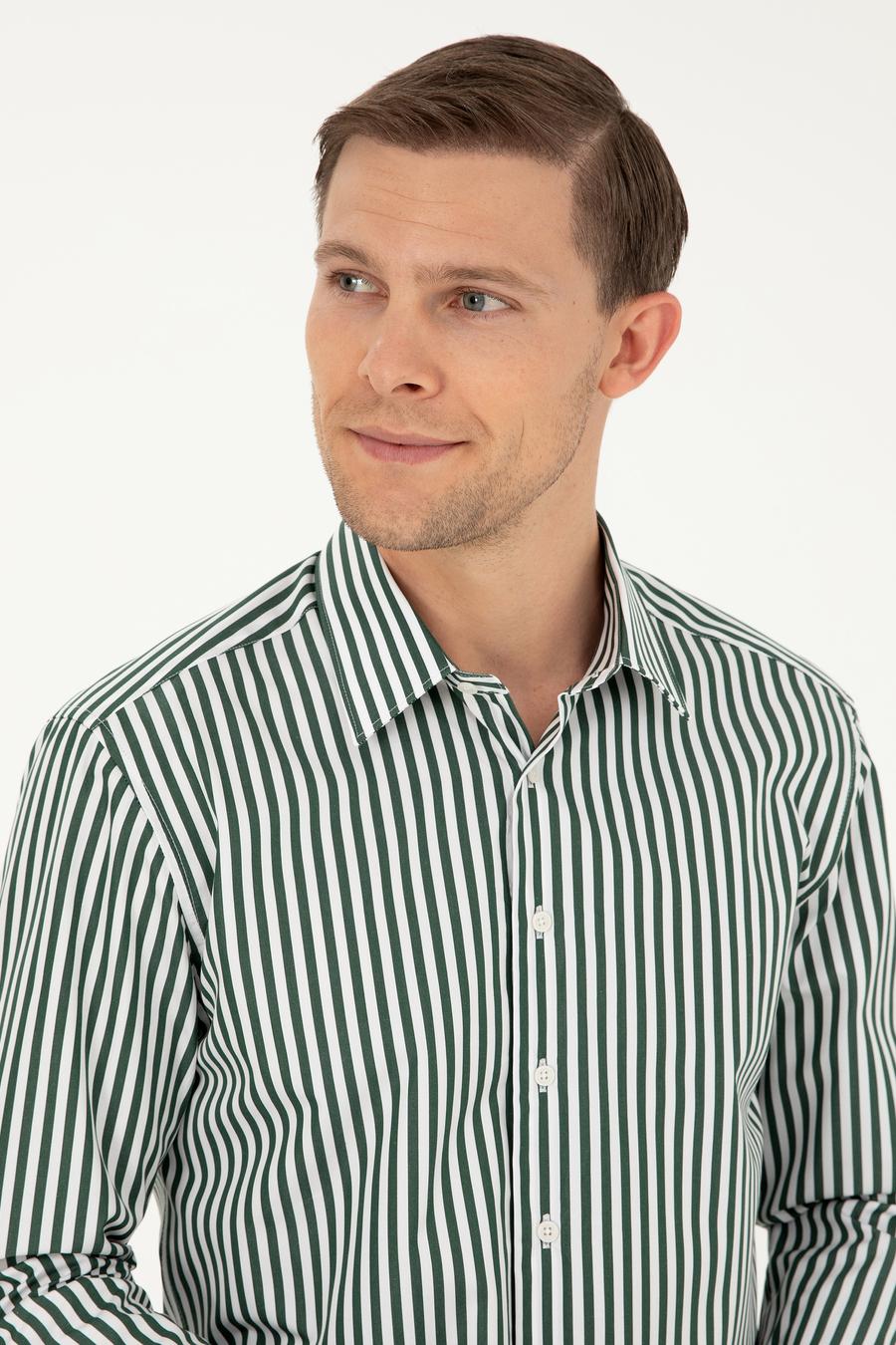 Koyu Yeşil Slim Fit Pamuklu Çizgili Gömlek - 50291360026