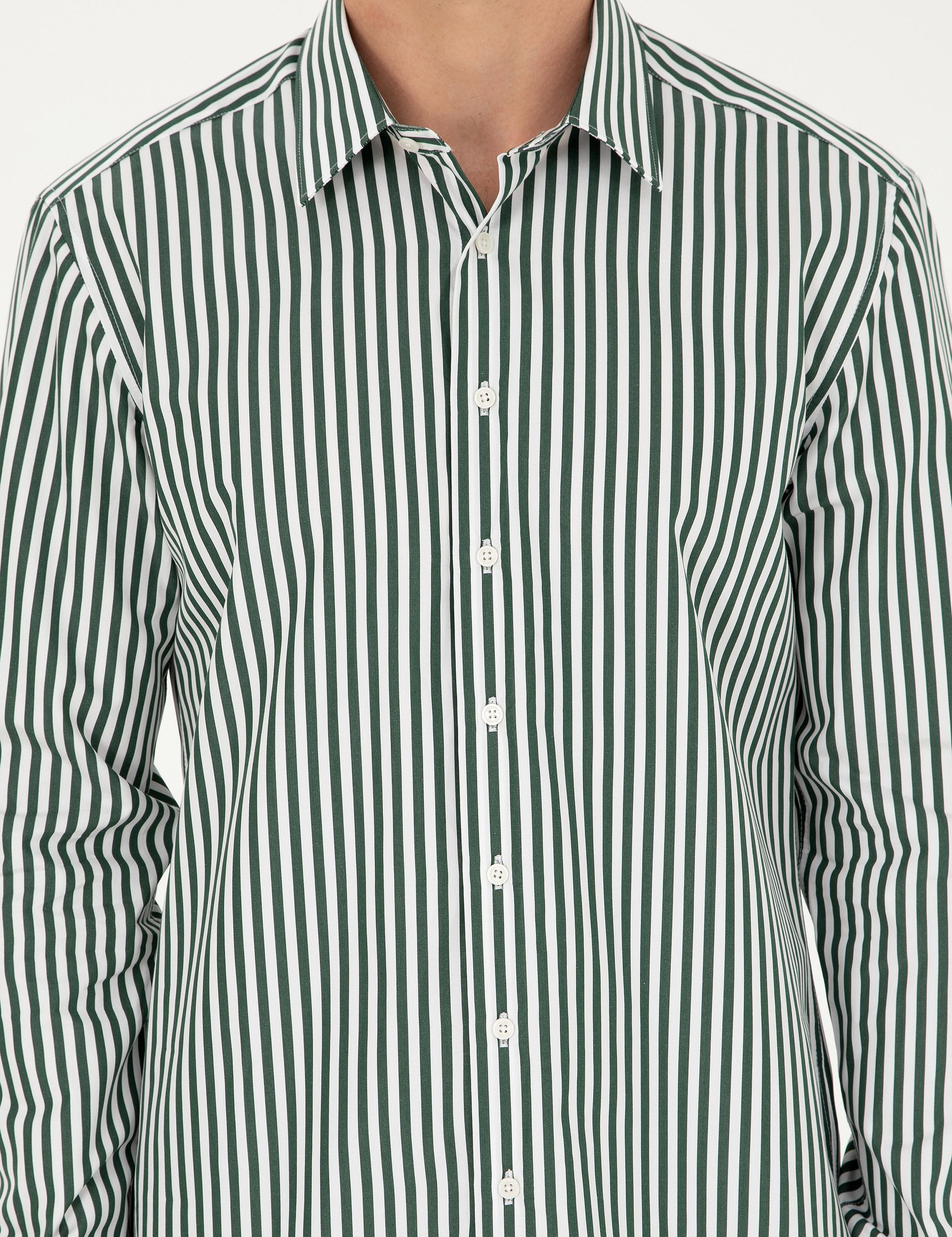 Koyu Yeşil Slim Fit Pamuklu Çizgili Gömlek - 50291360026