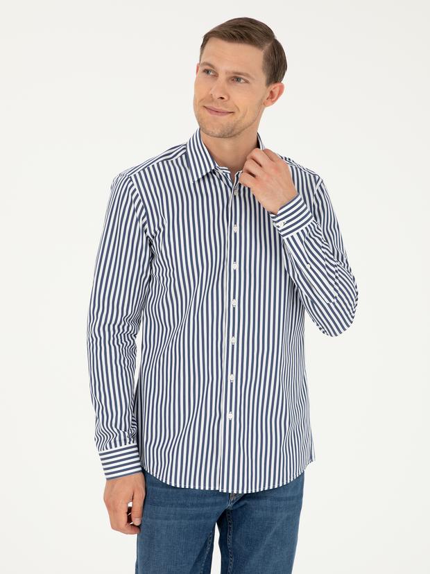 Lacivert Slim Fit Pamuklu Çizgili Gömlek