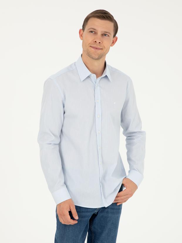 Mavi Slim Fit Pamuklu Çizgili Gömlek