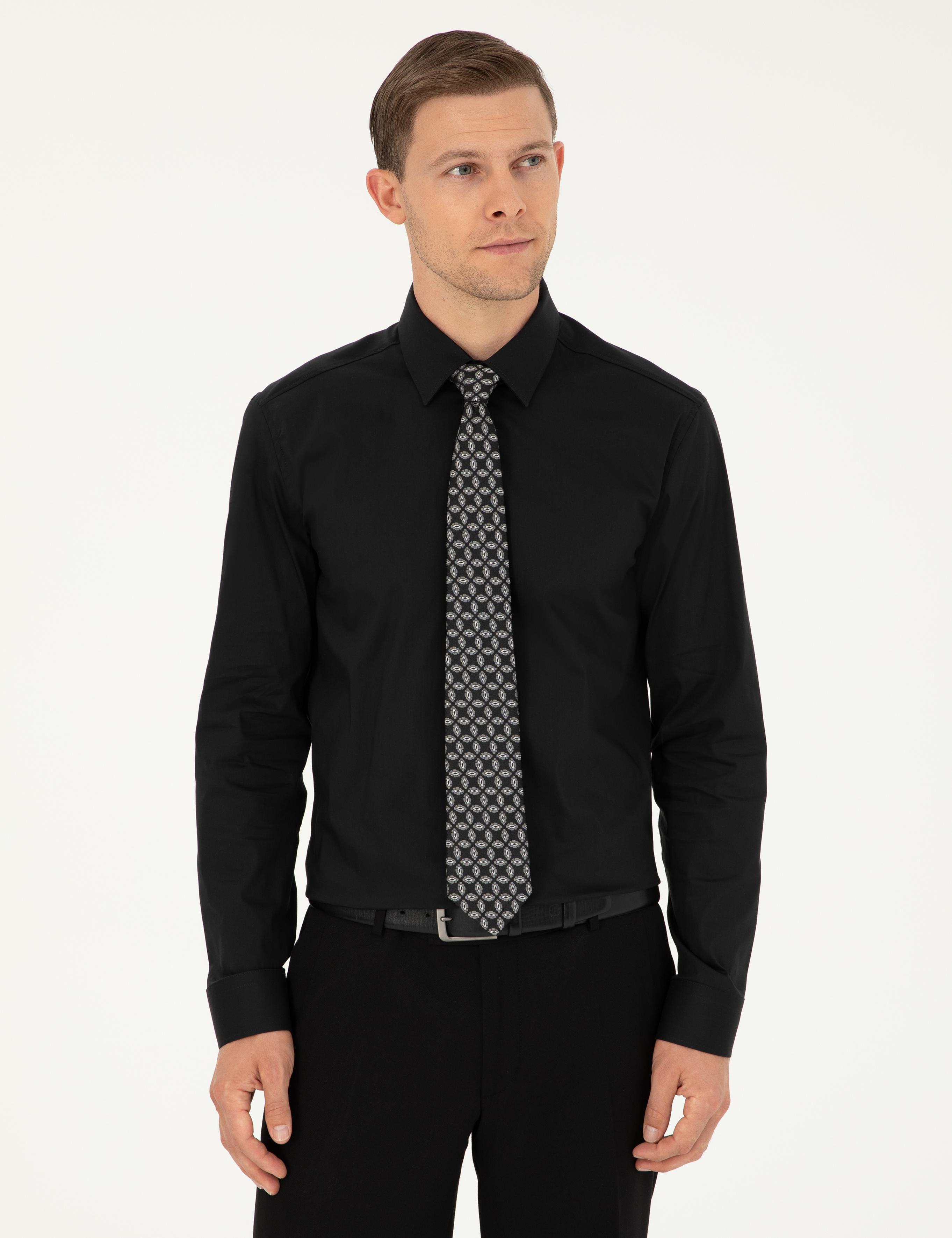 Siyah Slim Fit Pamuk Karışımlı Klasik Gömlek - 50292265039