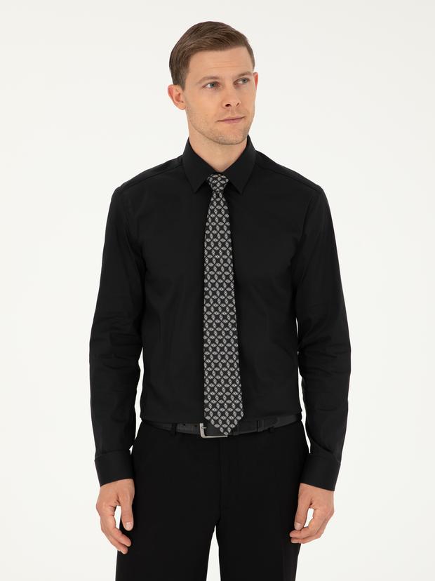 Siyah Slim Fit Pamuk Karışımlı Klasik Gömlek