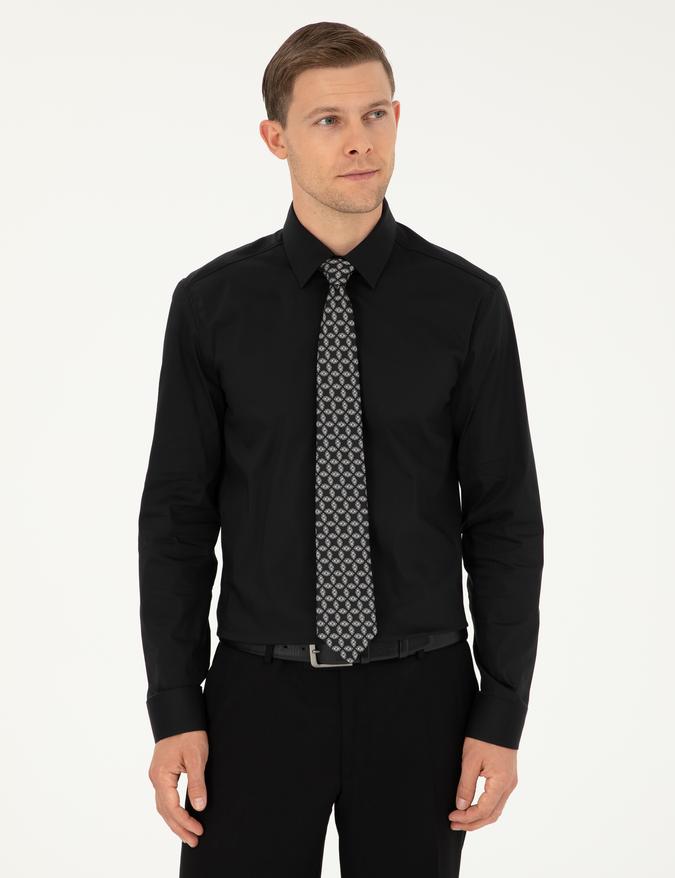 Siyah Slim Fit Pamuk Karışımlı Klasik Gömlek