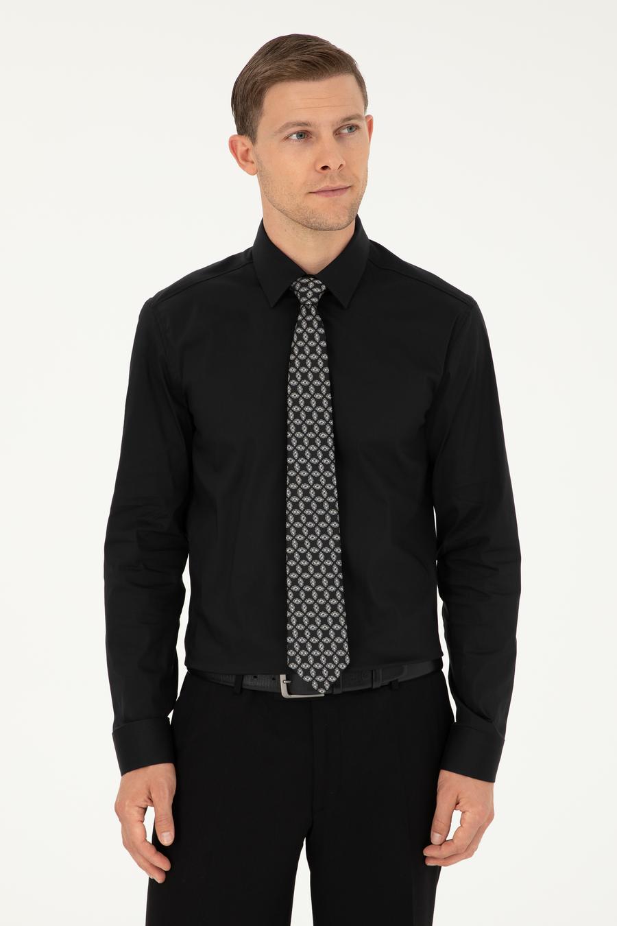 Siyah Slim Fit Pamuk Karışımlı Klasik Gömlek - 50292265039