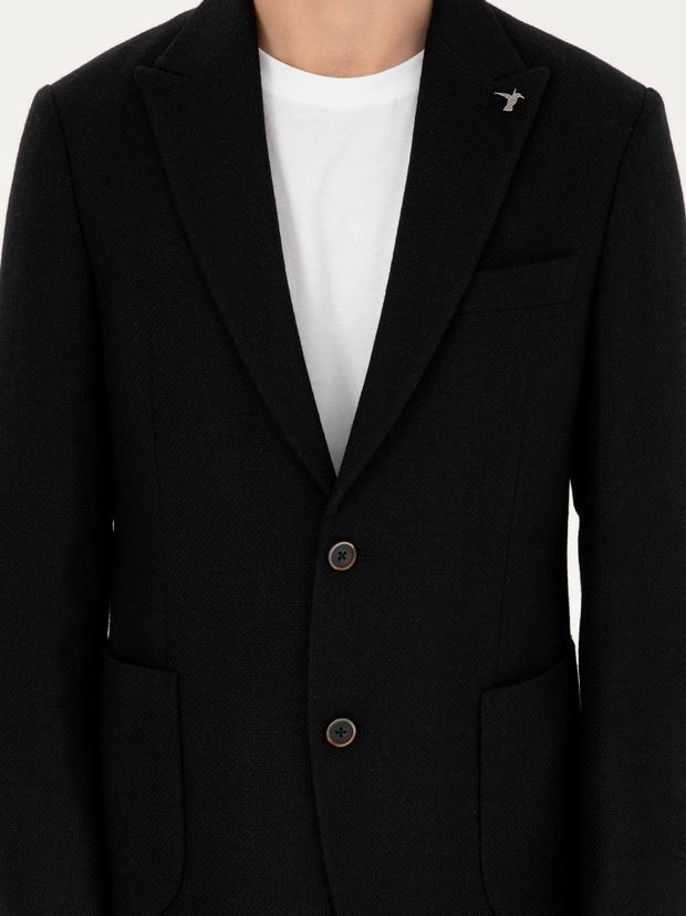 Siyah Slim Fit Yün Karışımlı Blazer Ceket