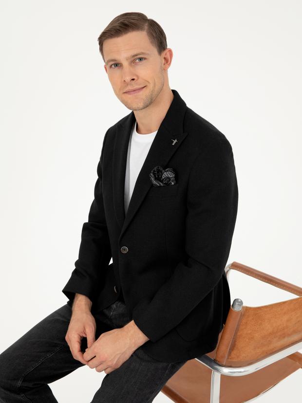 Siyah Slim Fit Yün Karışımlı Blazer Ceket