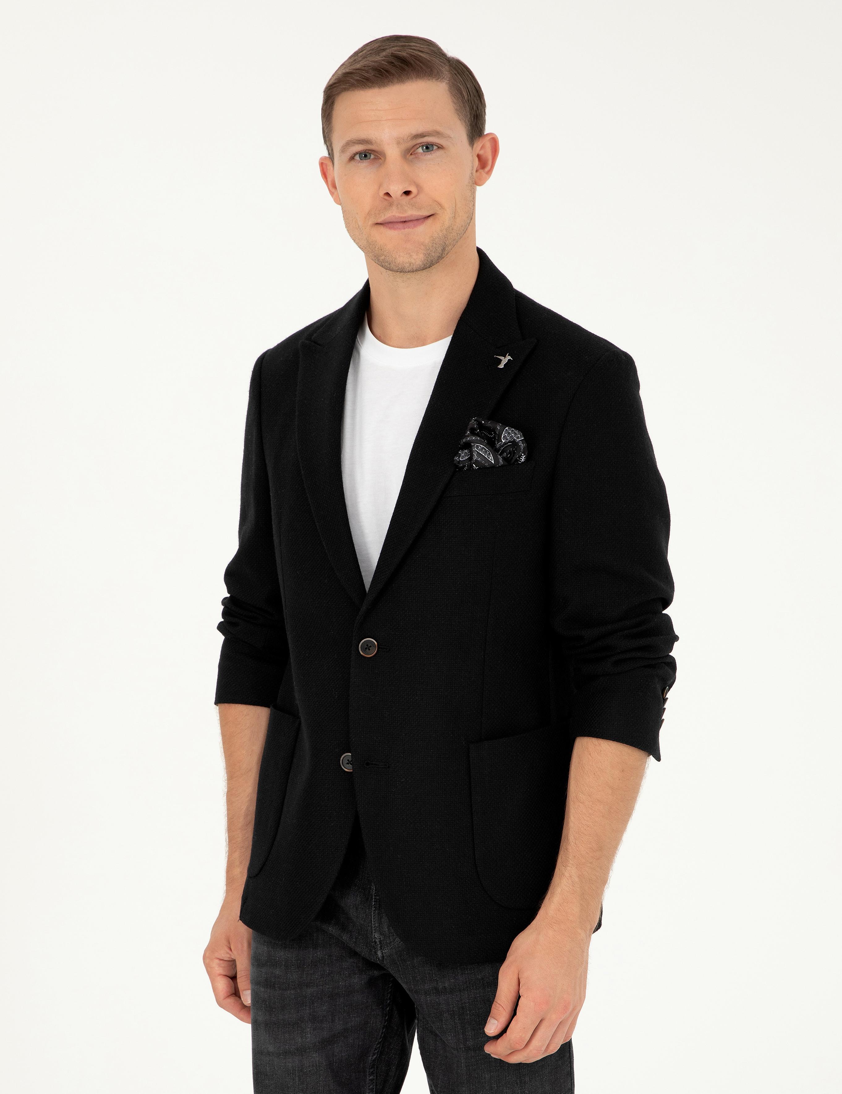 Siyah Slim Fit Yün Karışımlı Blazer Ceket - 50296586018