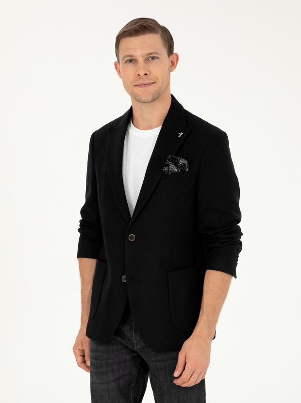 Siyah Slim Fit Yün Karışımlı Blazer Ceket
