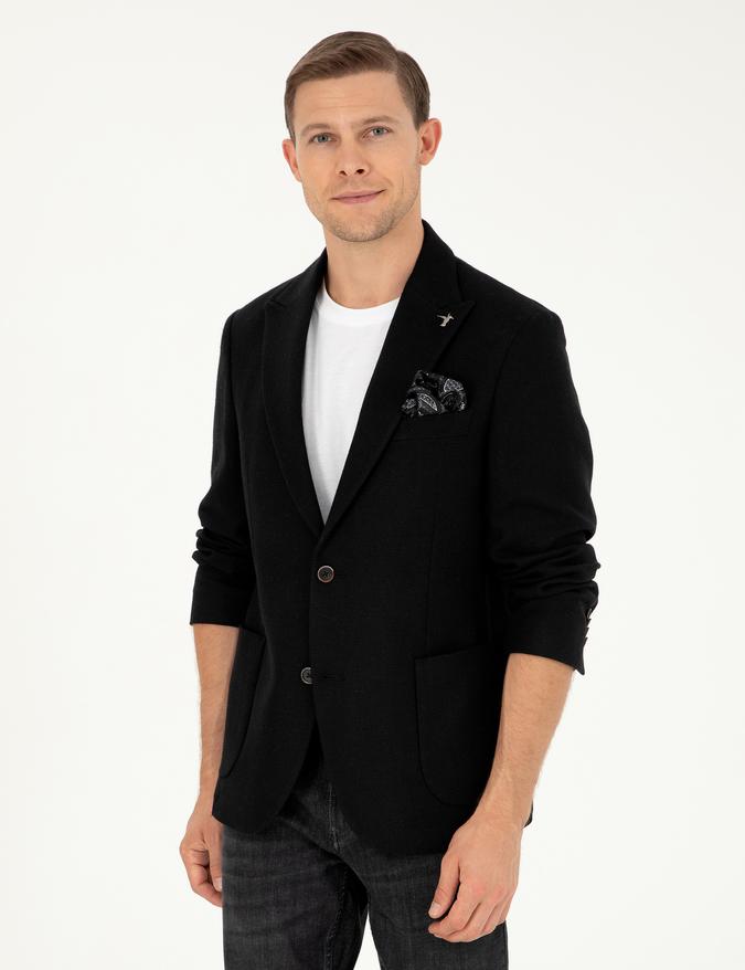 Siyah Slim Fit Yün Karışımlı Blazer Ceket