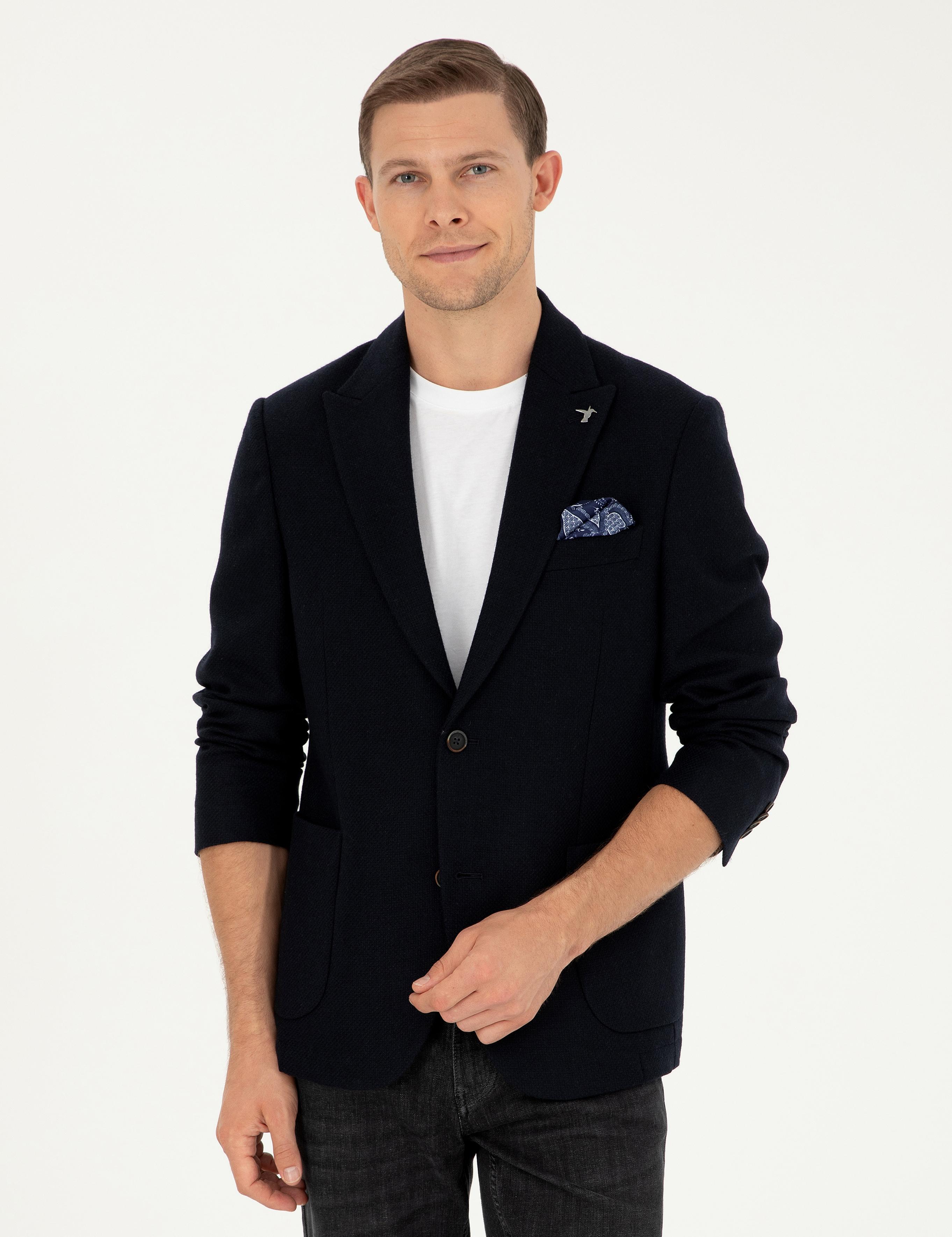 Lacivert Slim Fit Yün Karışımlı Blazer Ceket - 50296586137