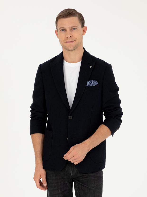Lacivert Slim Fit Yün Karışımlı Blazer Ceket