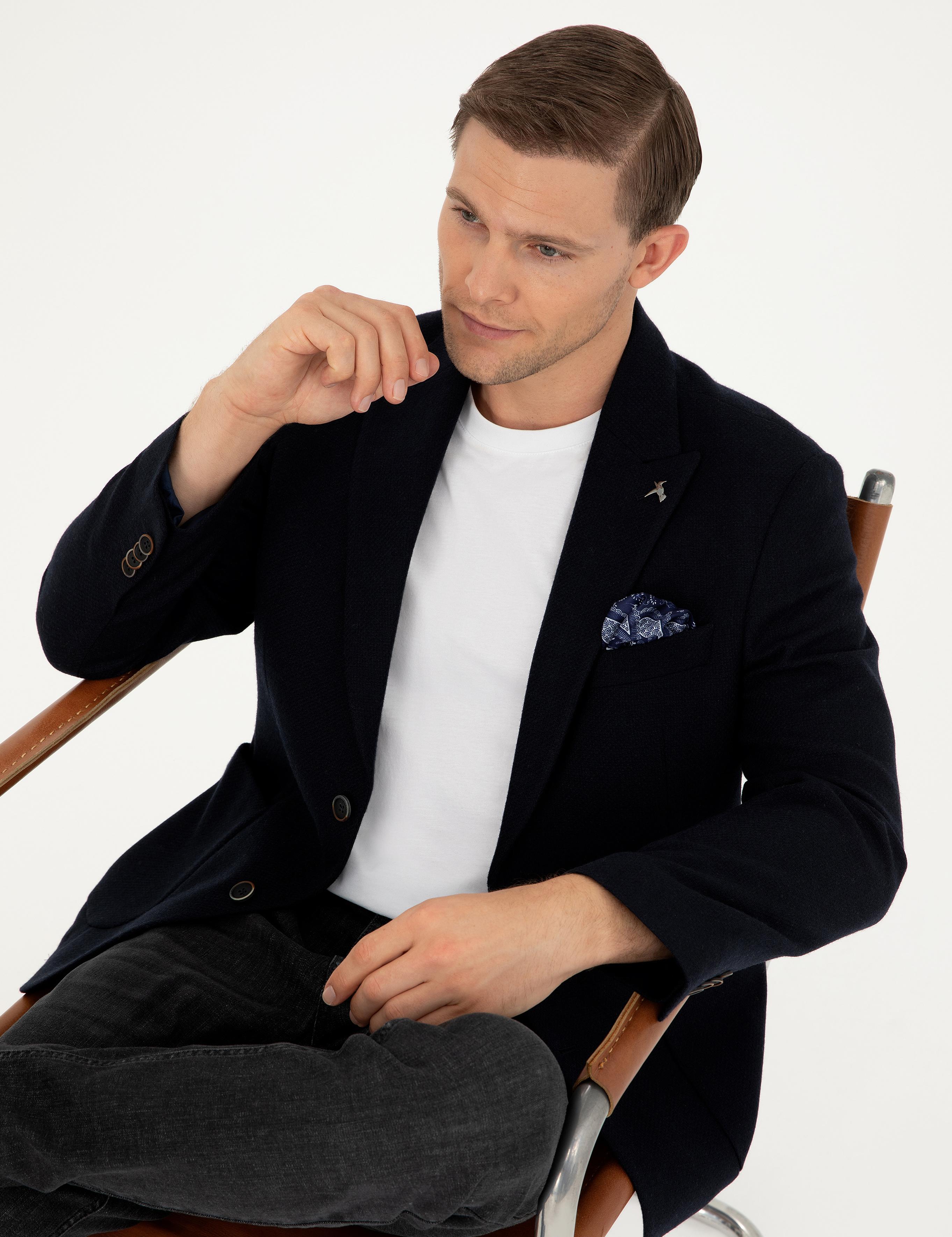 Lacivert Slim Fit Yün Karışımlı Blazer Ceket - 50296586137