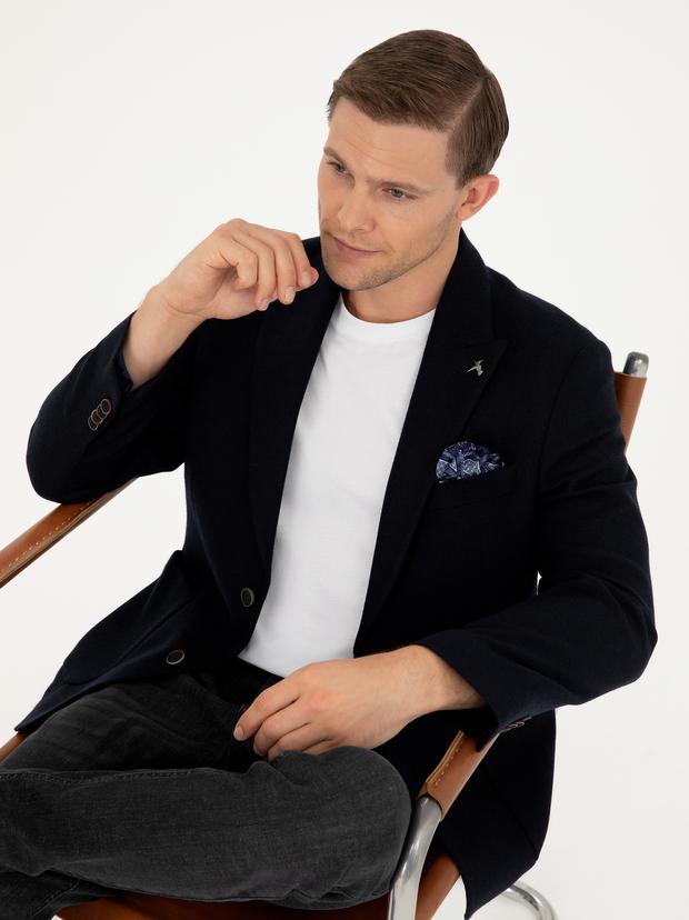 Lacivert Slim Fit Yün Karışımlı Blazer Ceket