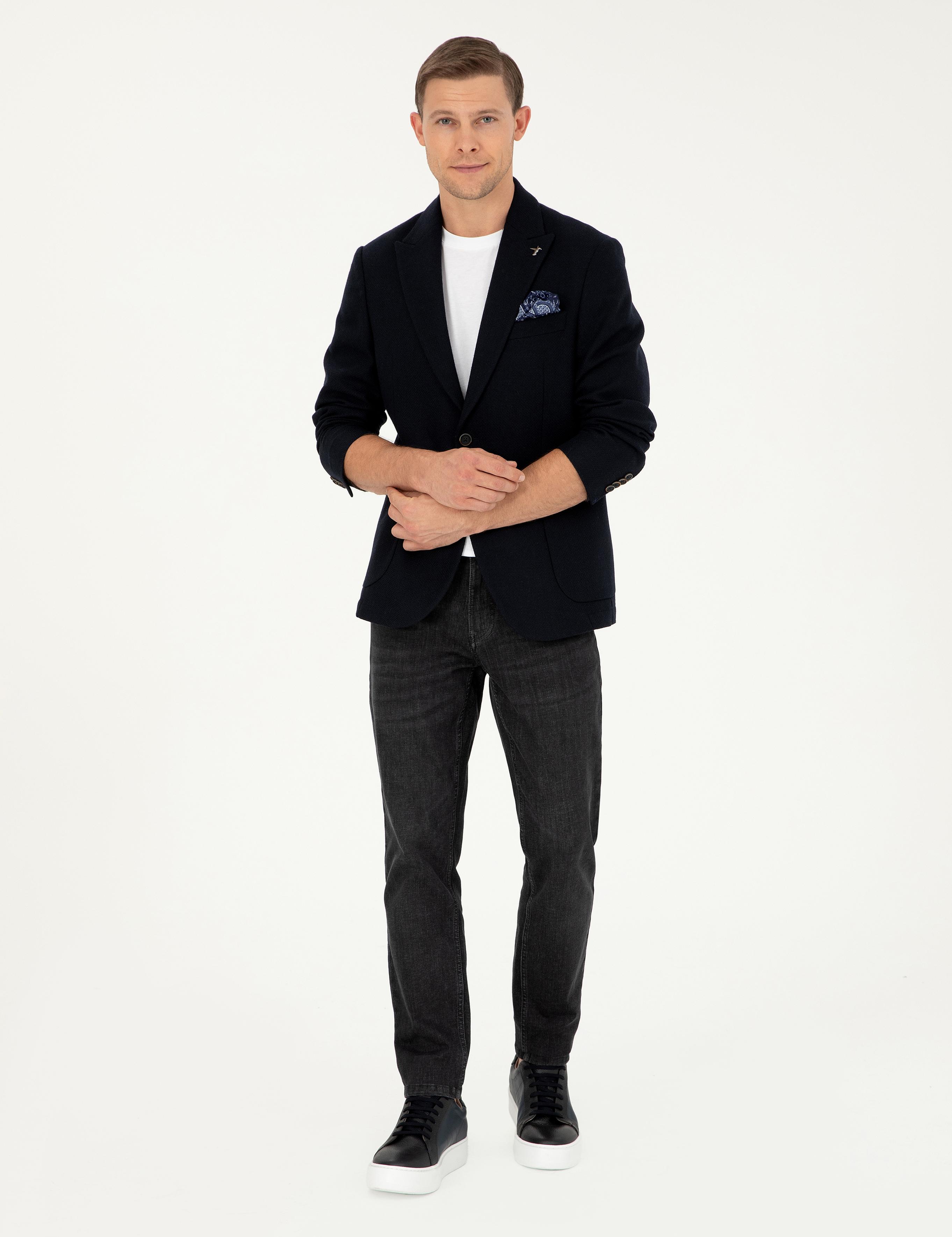 Lacivert Slim Fit Yün Karışımlı Blazer Ceket - 50296586137