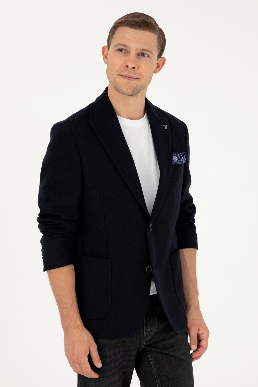 Lacivert Slim Fit Yün Karışımlı Blazer Ceket - 50296586137