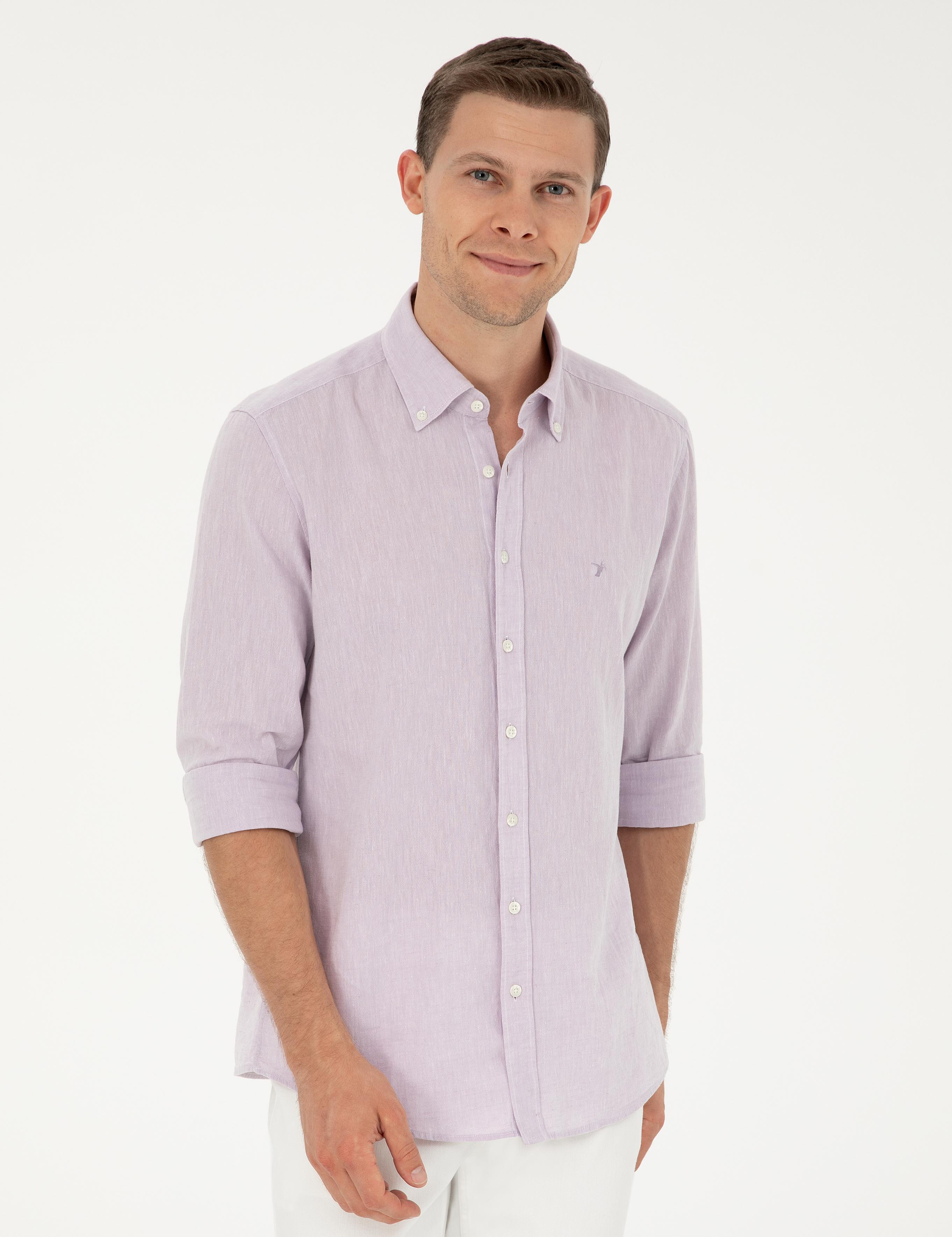 Lila Keten Karışımlı Slim Fit Uzun Kollu Gömlek - 50250813480
