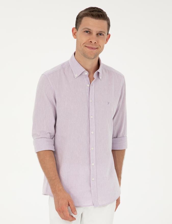 Lila Keten Karışımlı Slim Fit Uzun Kollu Gömlek