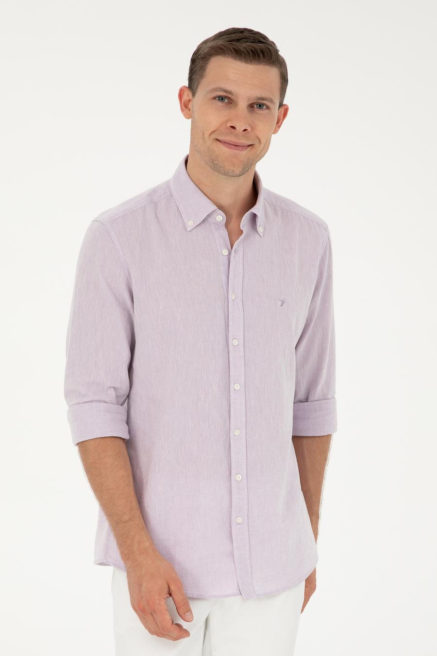 Lila Keten Karışımlı Slim Fit Uzun Kollu Gömlek - 50250813480