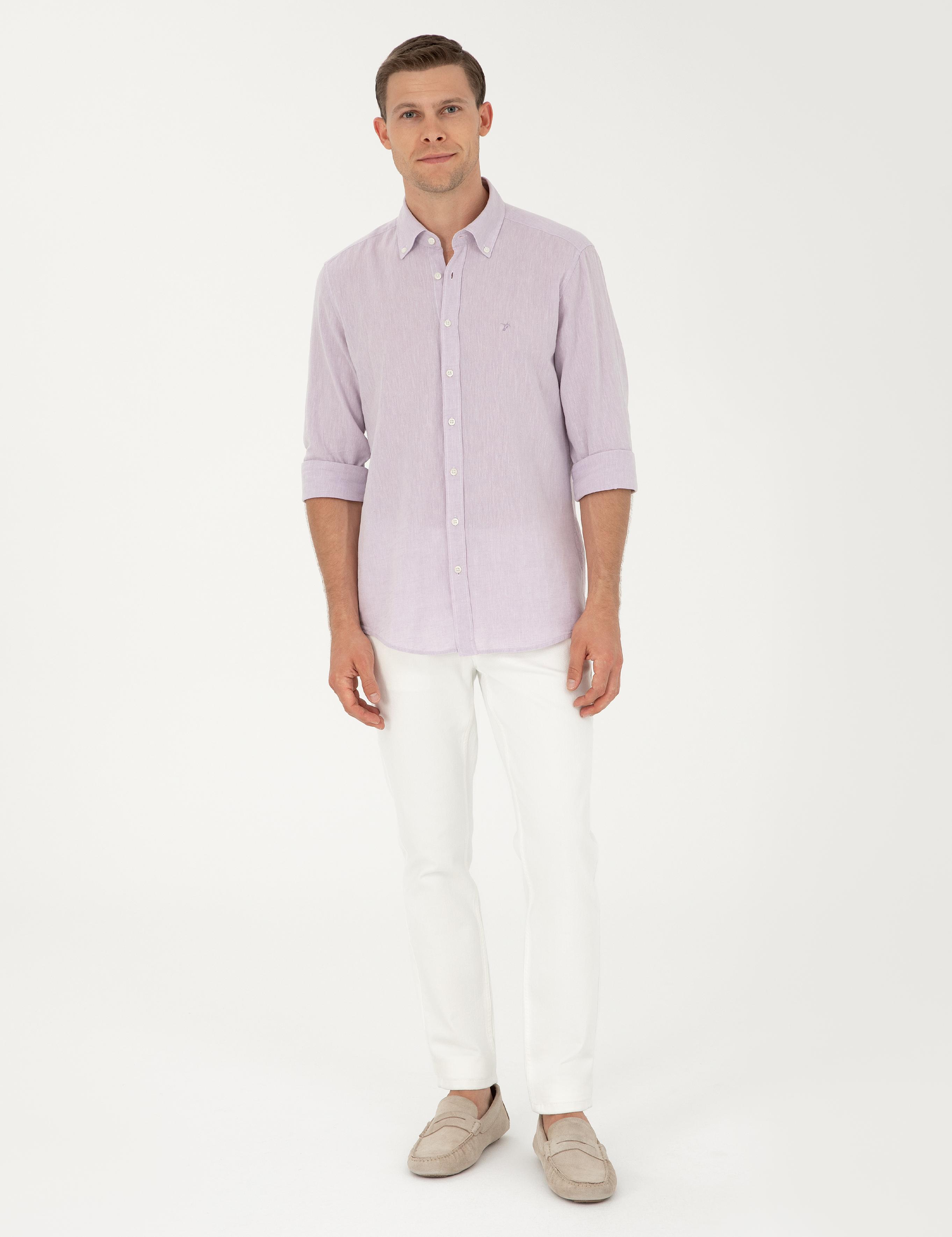 Lila Keten Karışımlı Slim Fit Uzun Kollu Gömlek - 50250813480