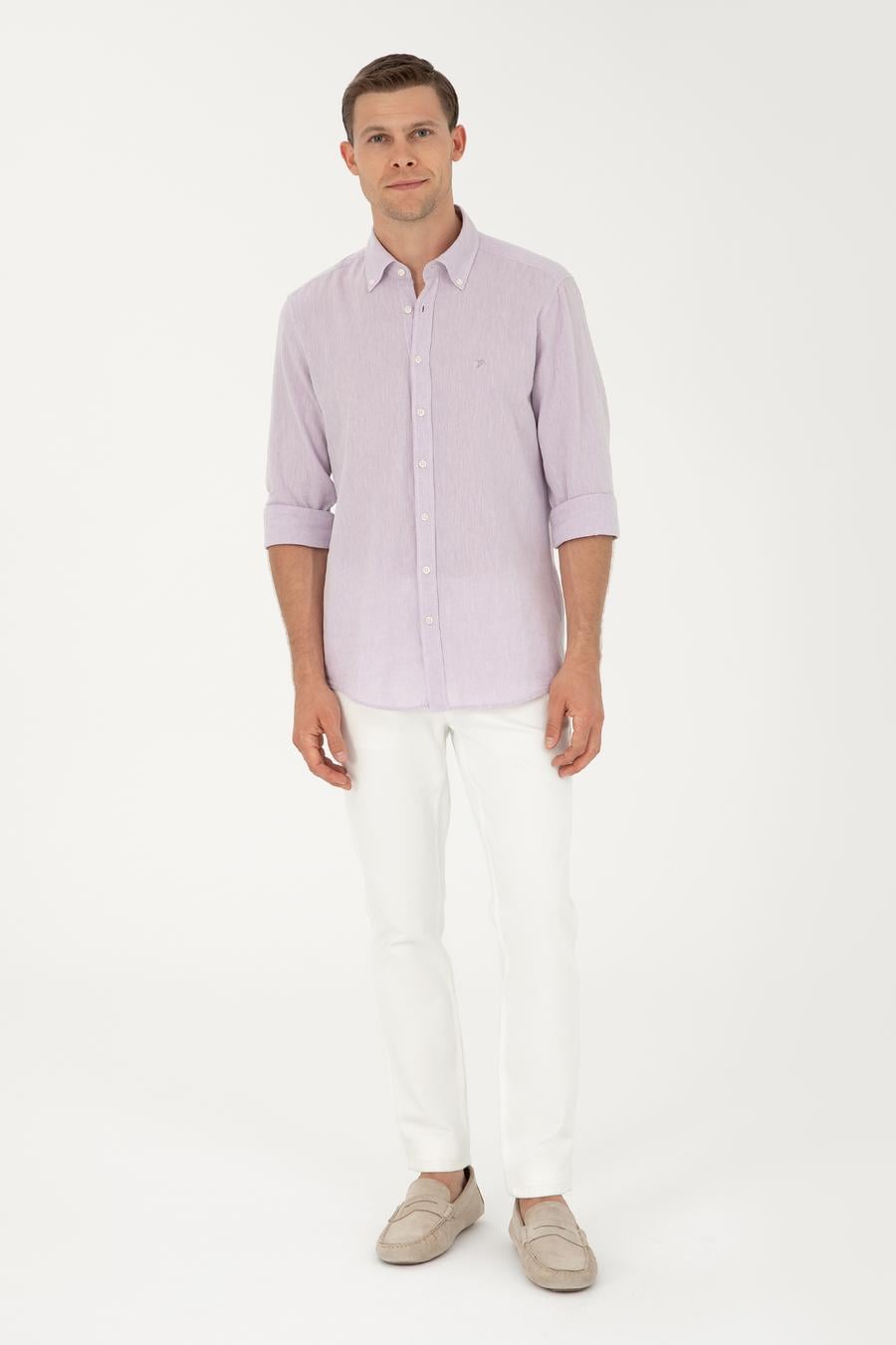 Lila Keten Karışımlı Slim Fit Uzun Kollu Gömlek - 50250813480