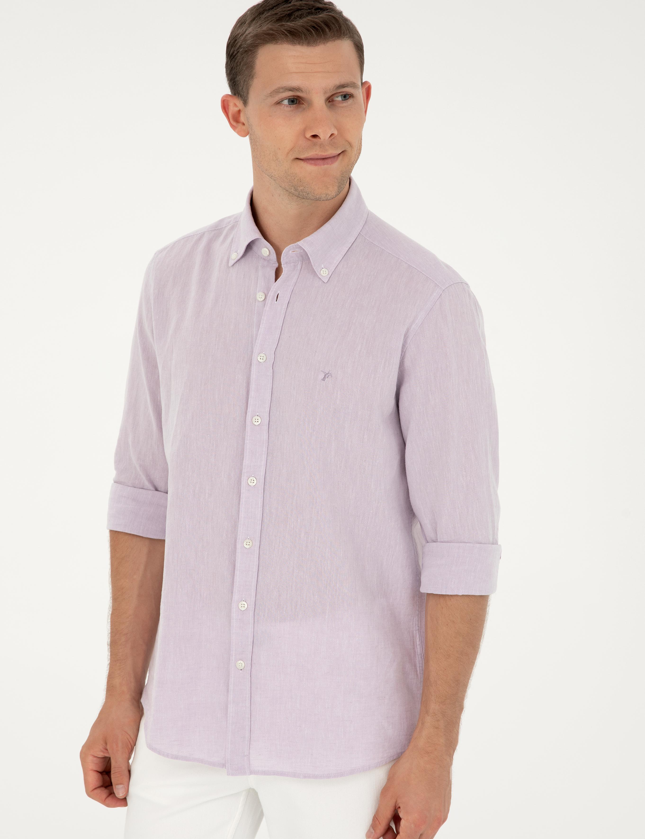 Lila Keten Karışımlı Slim Fit Uzun Kollu Gömlek - 50250813480