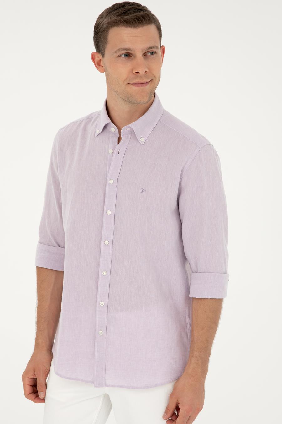 Lila Keten Karışımlı Slim Fit Uzun Kollu Gömlek - 50250813480