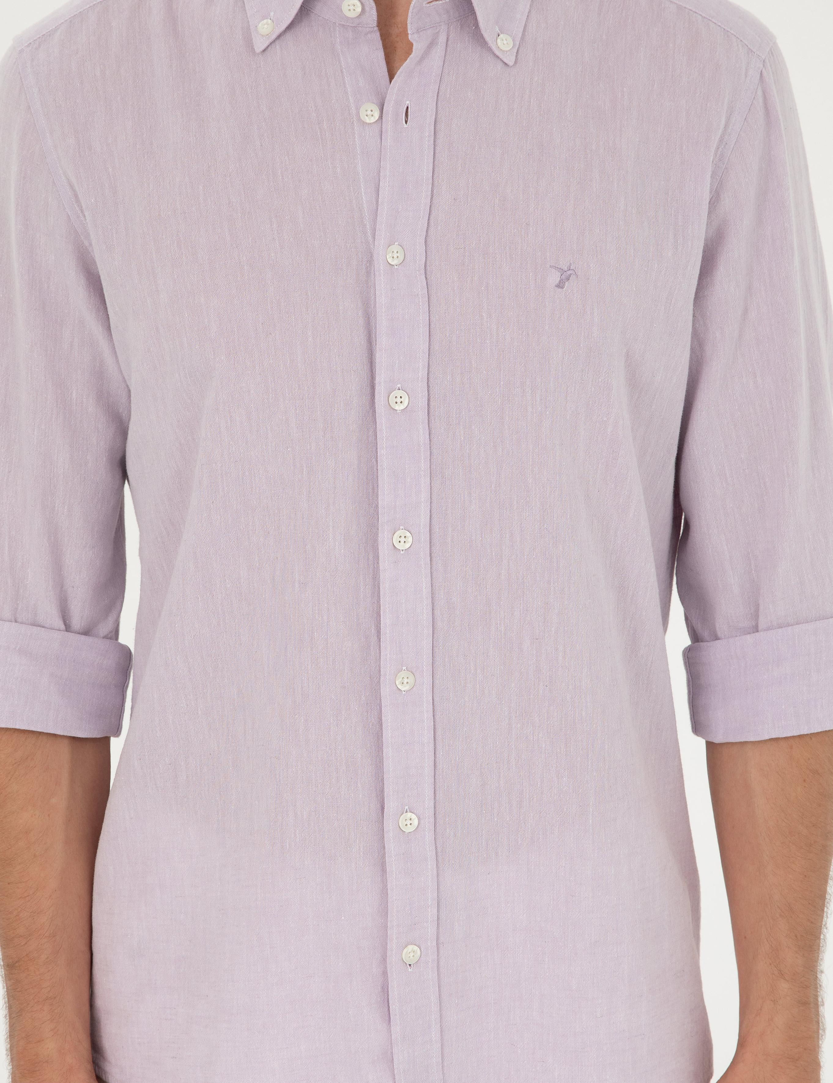 Lila Keten Karışımlı Slim Fit Uzun Kollu Gömlek - 50250813480