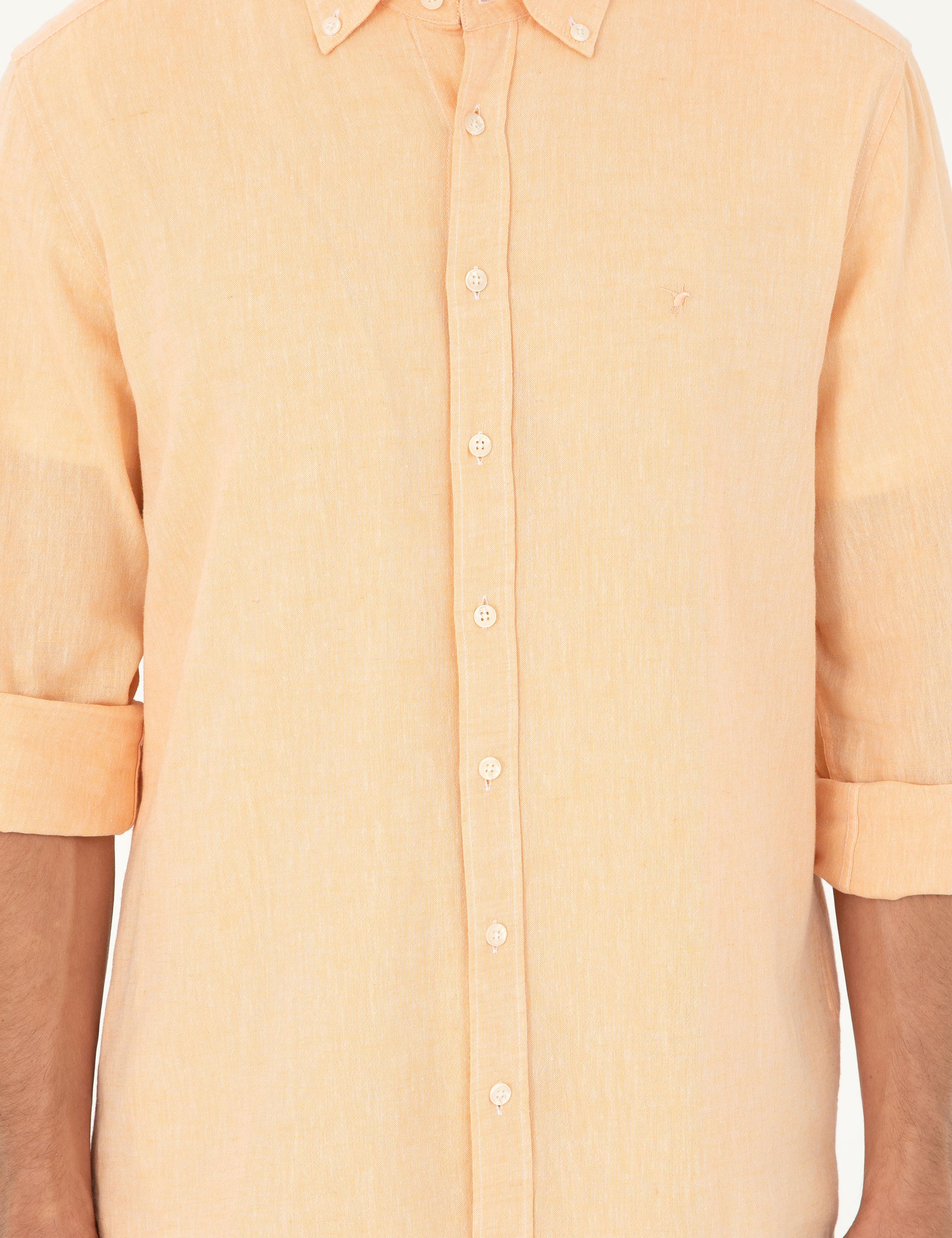 Pembe Keten Karışımlı Slim Fit Uzun Kollu Gömlek - 50250813565