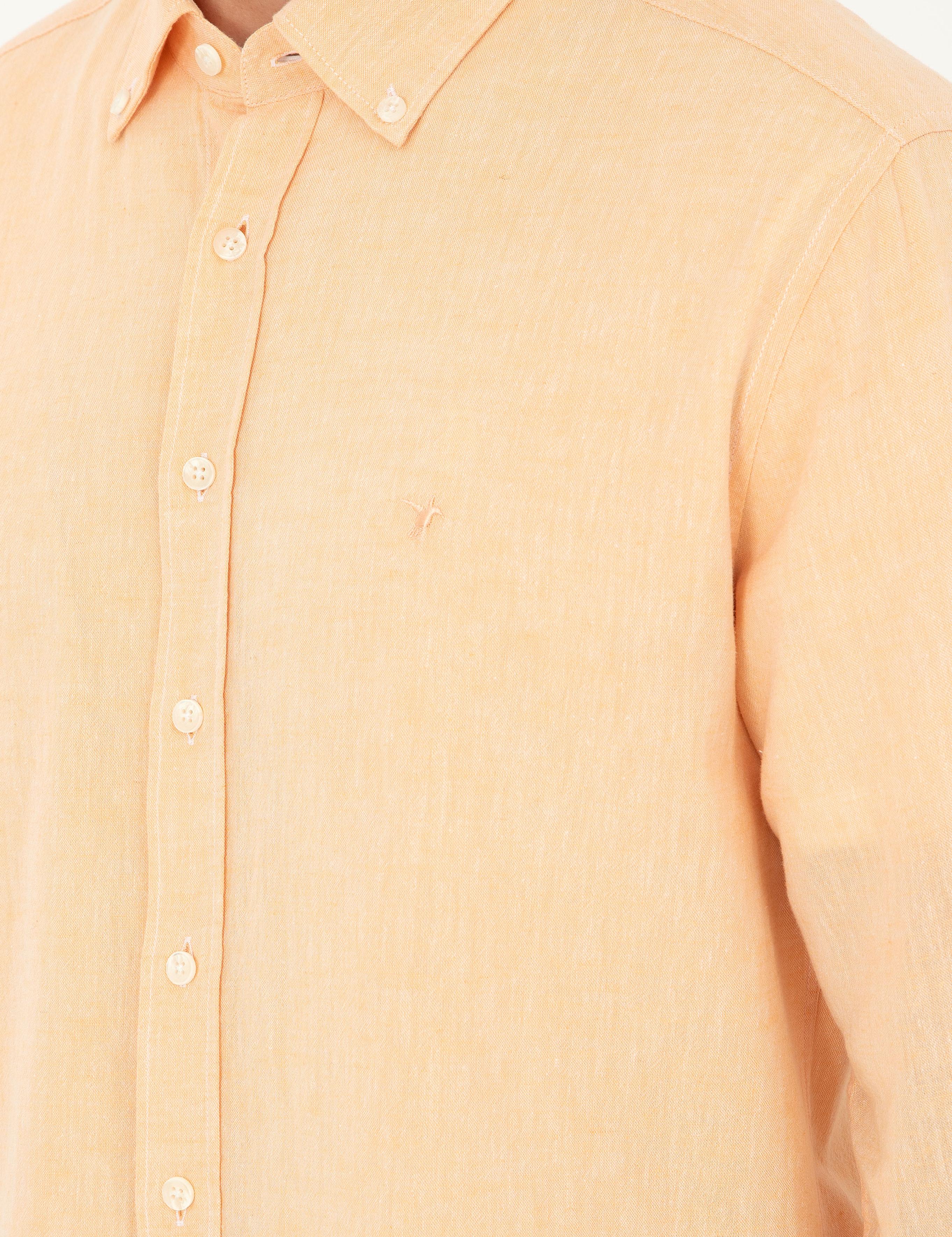 Pembe Keten Karışımlı Slim Fit Uzun Kollu Gömlek - 50250813565