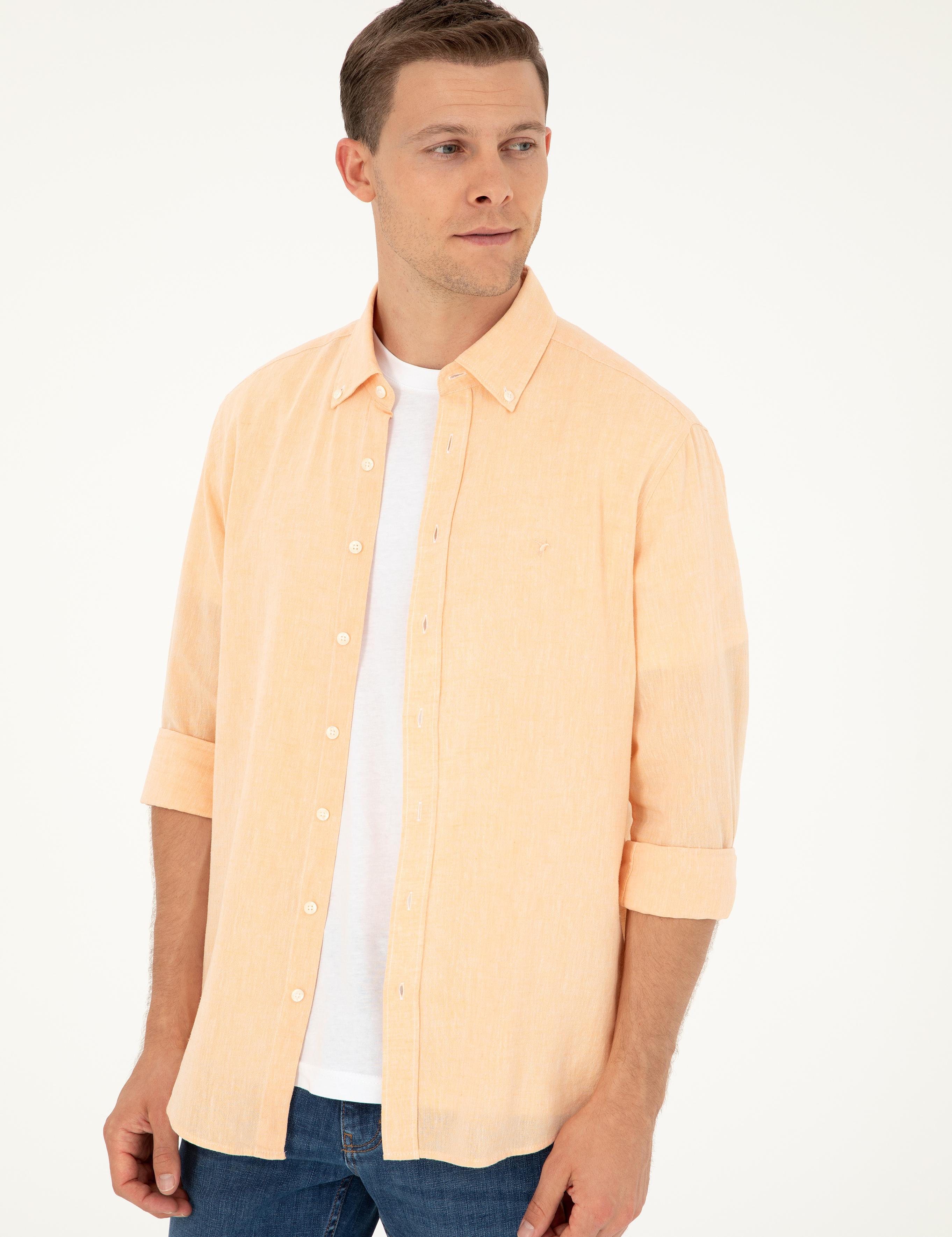 Pembe Keten Karışımlı Slim Fit Uzun Kollu Gömlek - 50250813565