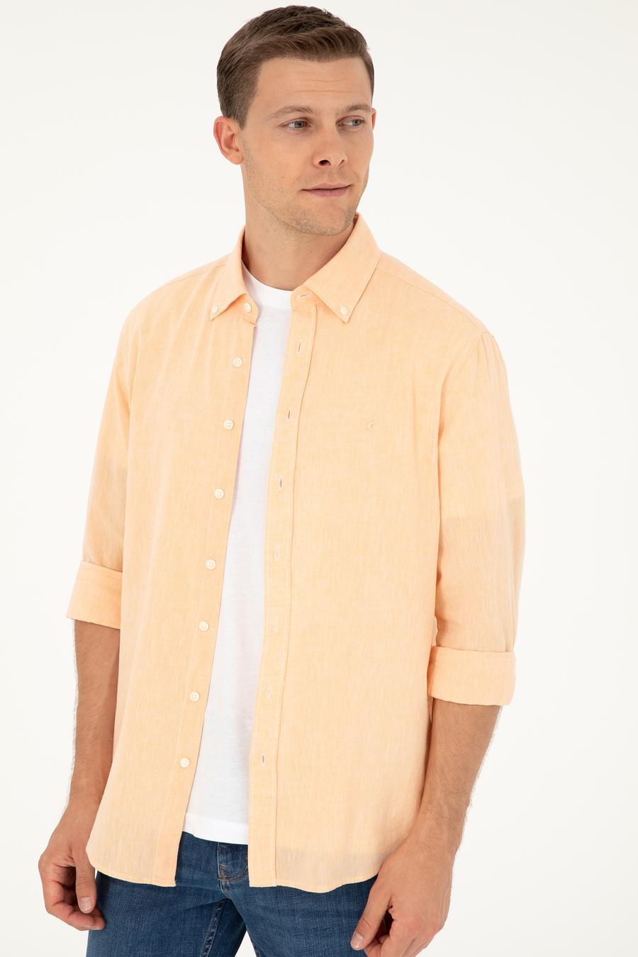 Pembe Keten Karışımlı Slim Fit Uzun Kollu Gömlek - 50250813565