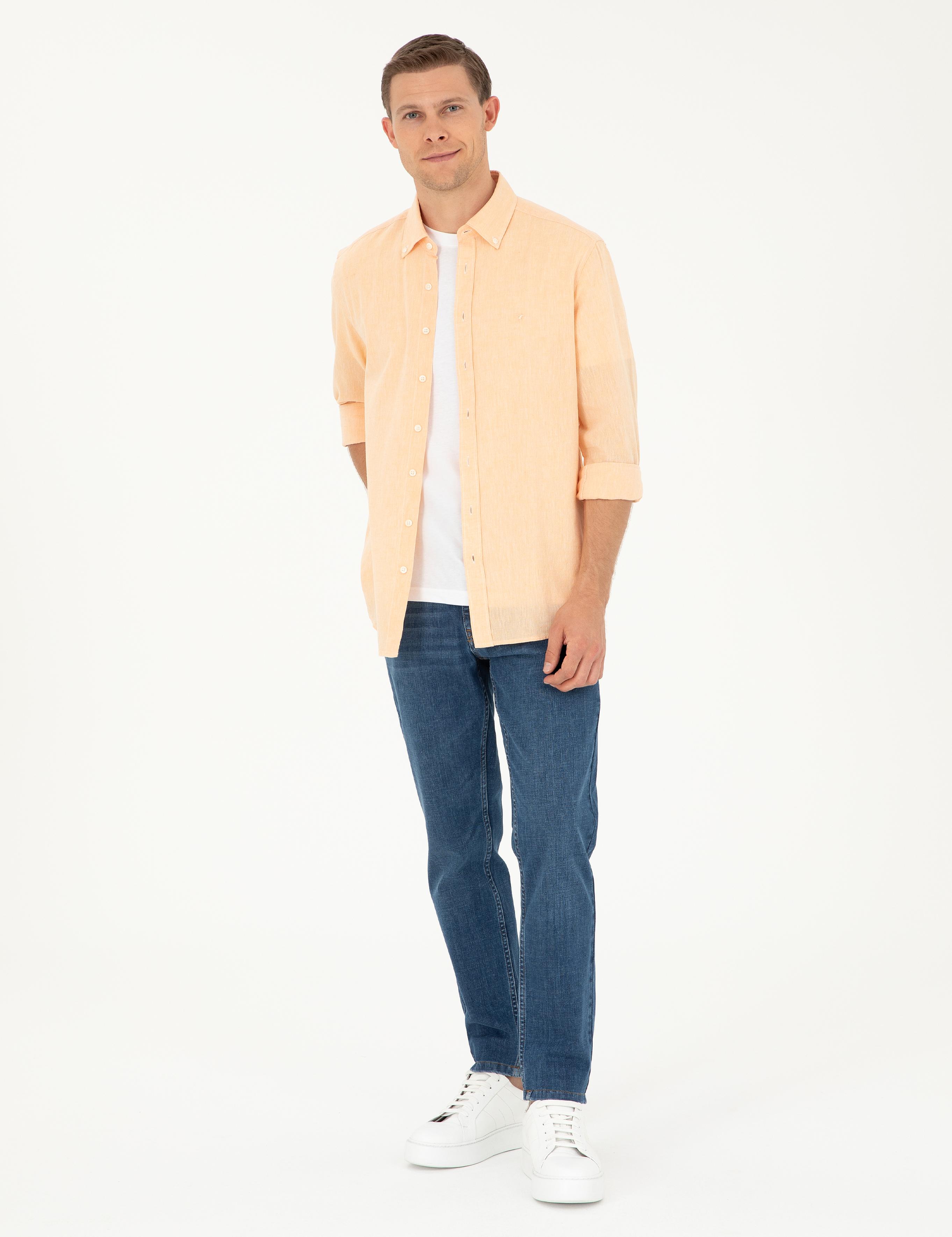 Pembe Keten Karışımlı Slim Fit Uzun Kollu Gömlek - 50250813565