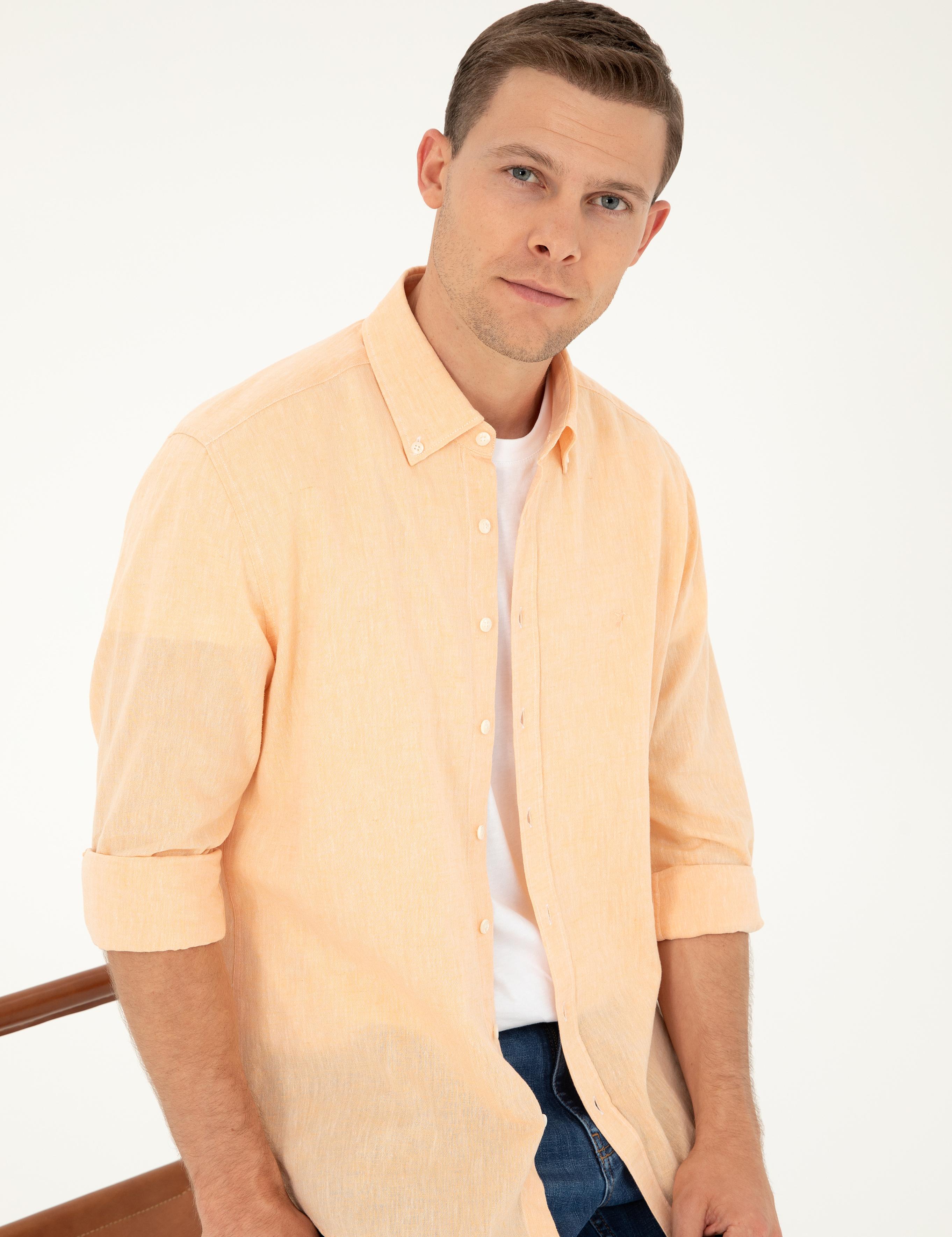 Pembe Keten Karışımlı Slim Fit Uzun Kollu Gömlek - 50250813565
