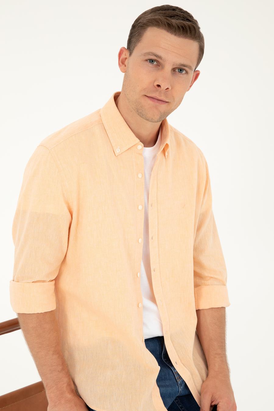 Pembe Keten Karışımlı Slim Fit Uzun Kollu Gömlek - 50250813565