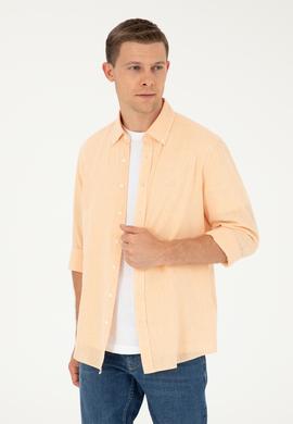 Pembe Keten Karışımlı Slim Fit Uzun Kollu Gömlek