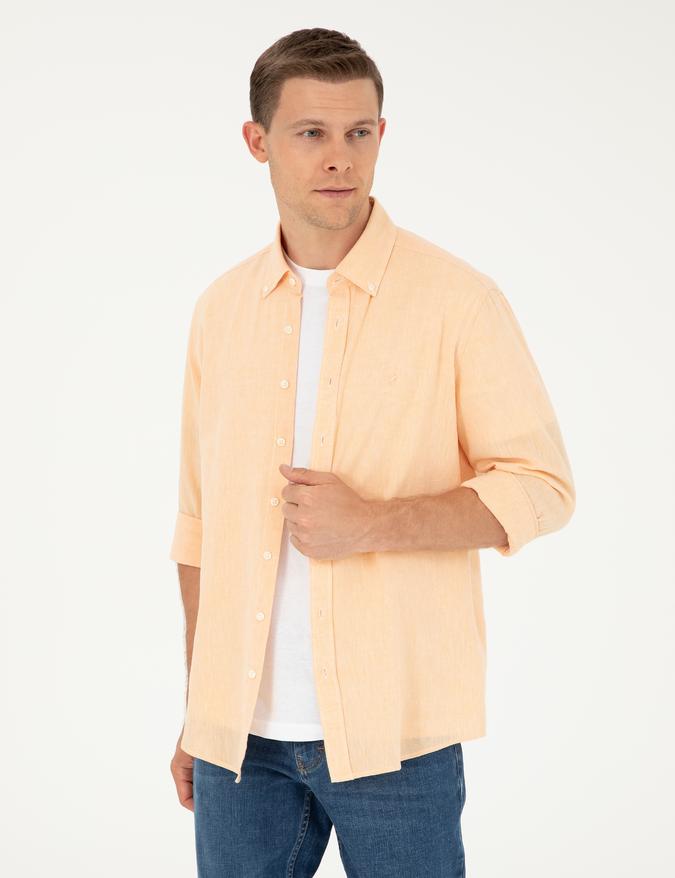 Pembe Keten Karışımlı Slim Fit Uzun Kollu Gömlek