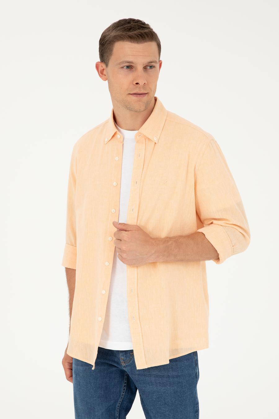 Pembe Keten Karışımlı Slim Fit Uzun Kollu Gömlek - 50250813565