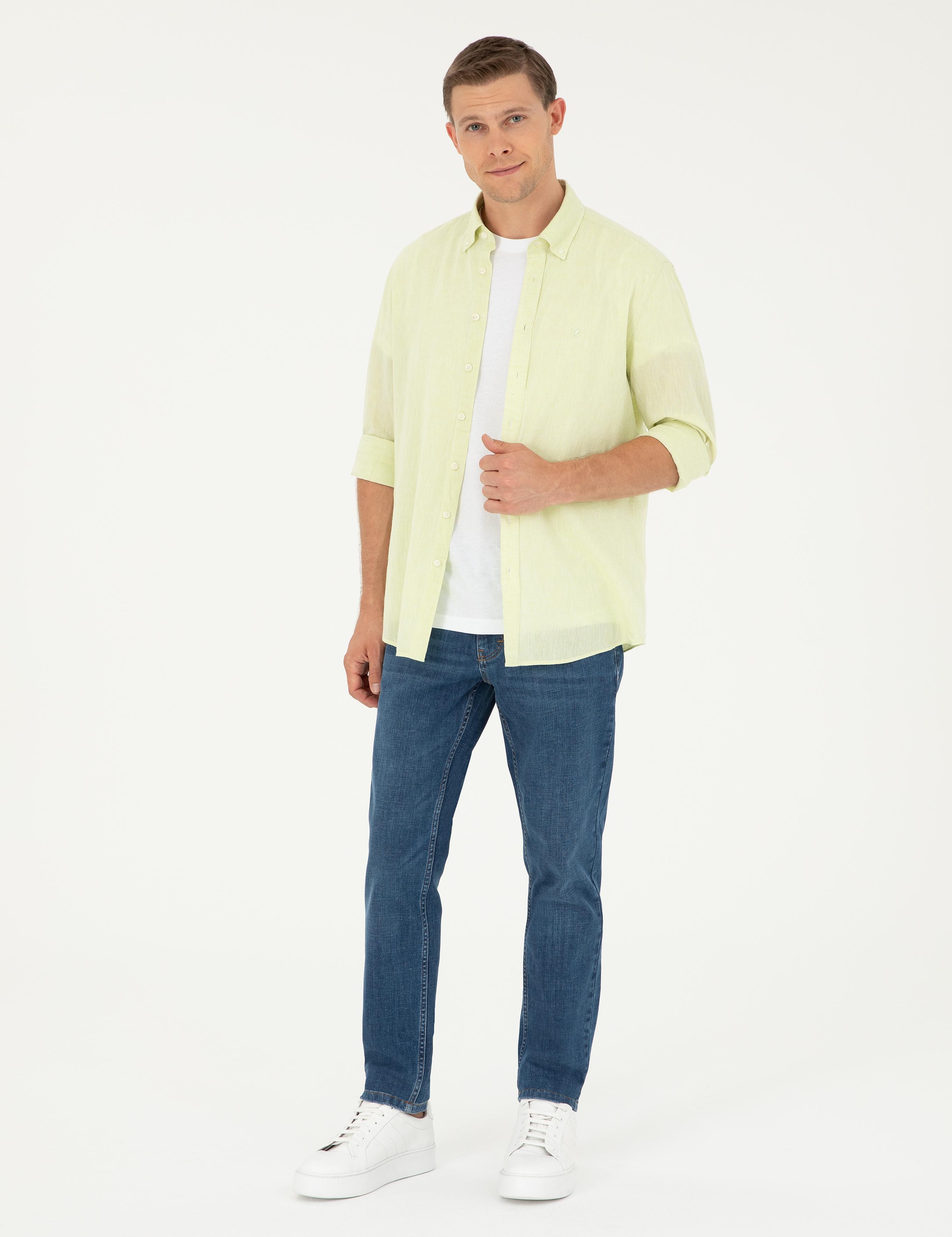 Yeşil Slim Fit Keten Karışımlı Gömlek - 50266184365