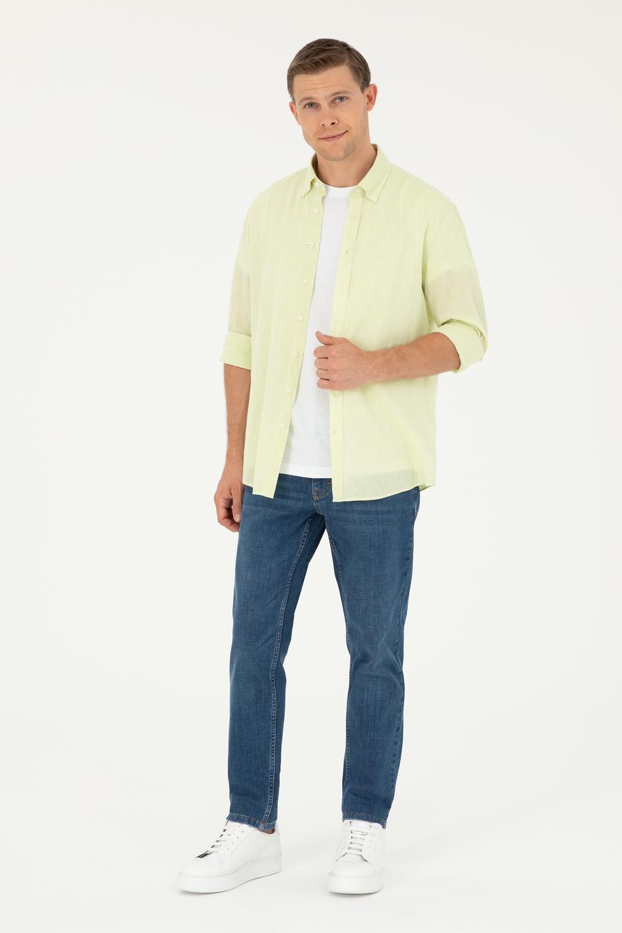Yeşil Slim Fit Keten Karışımlı Gömlek - 50266184365