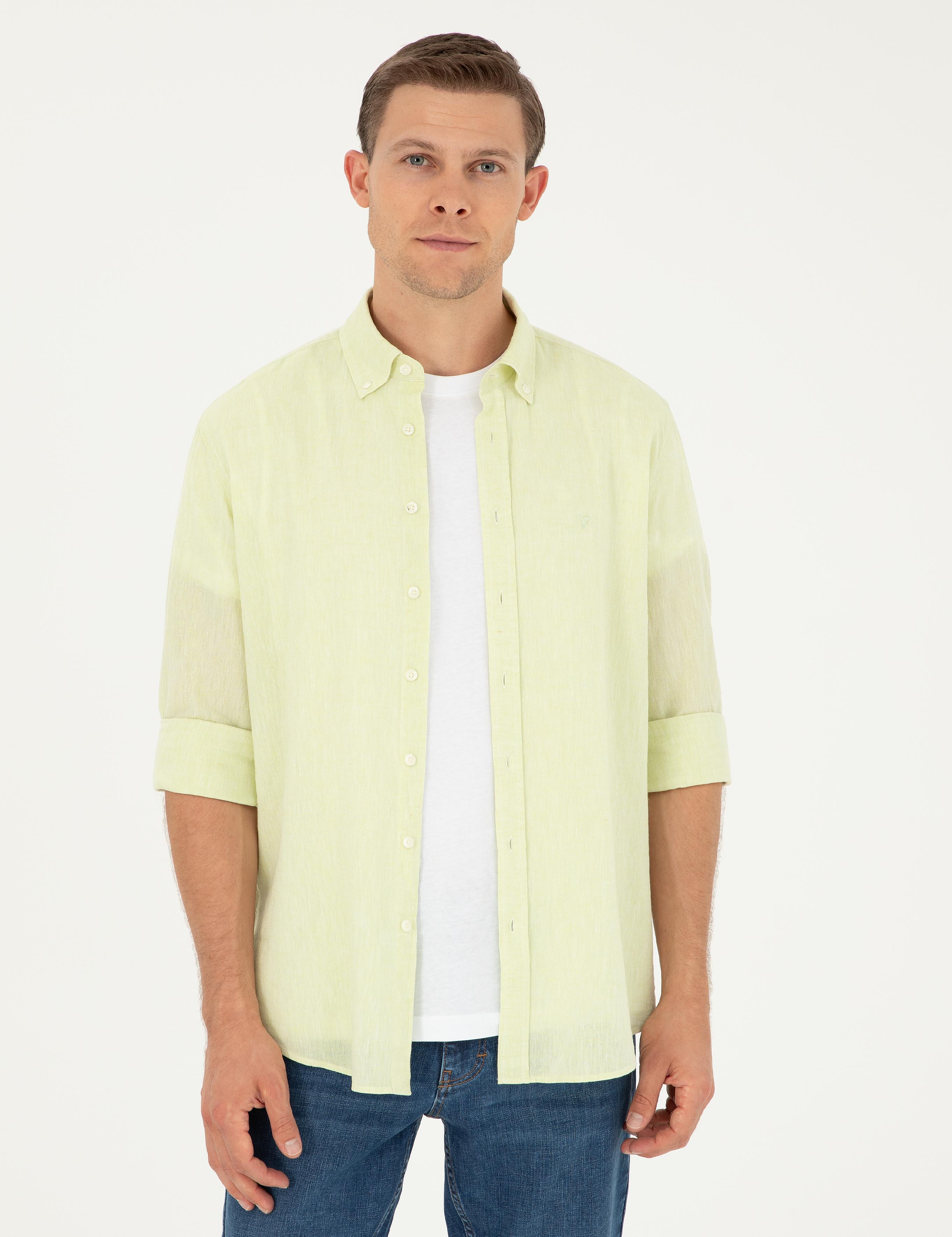 Yeşil Slim Fit Keten Karışımlı Gömlek - 50266184365