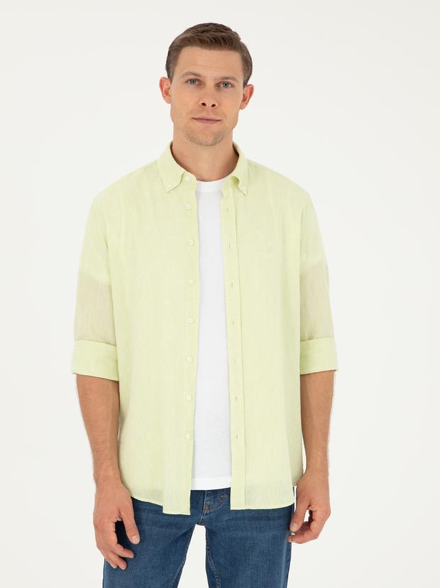 Yeşil Slim Fit Keten Karışımlı Gömlek