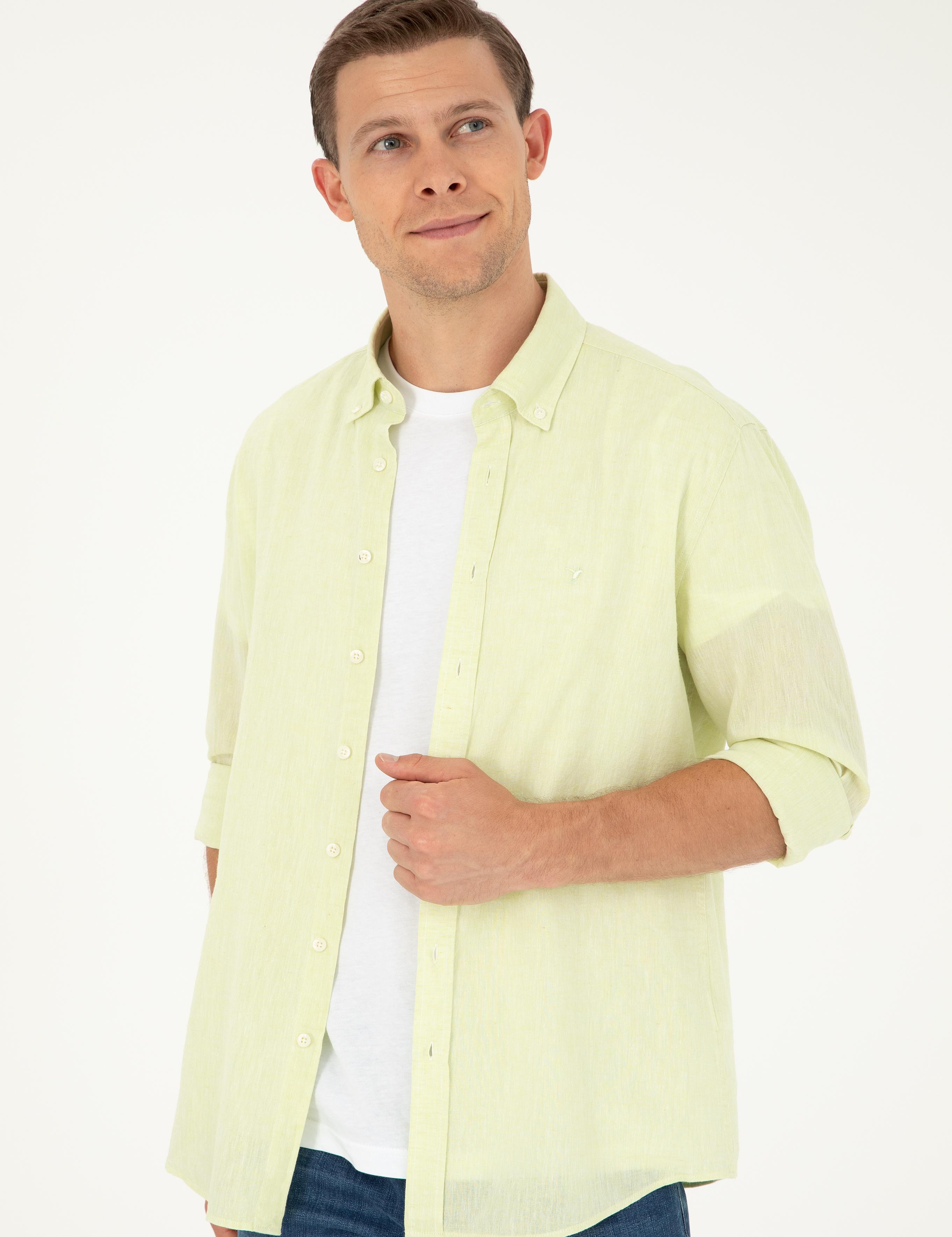 Yeşil Slim Fit Keten Karışımlı Gömlek - 50266184365